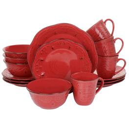 Elama - Rustic Birch 16 Piece Stoneware Dinnerware Set - Red