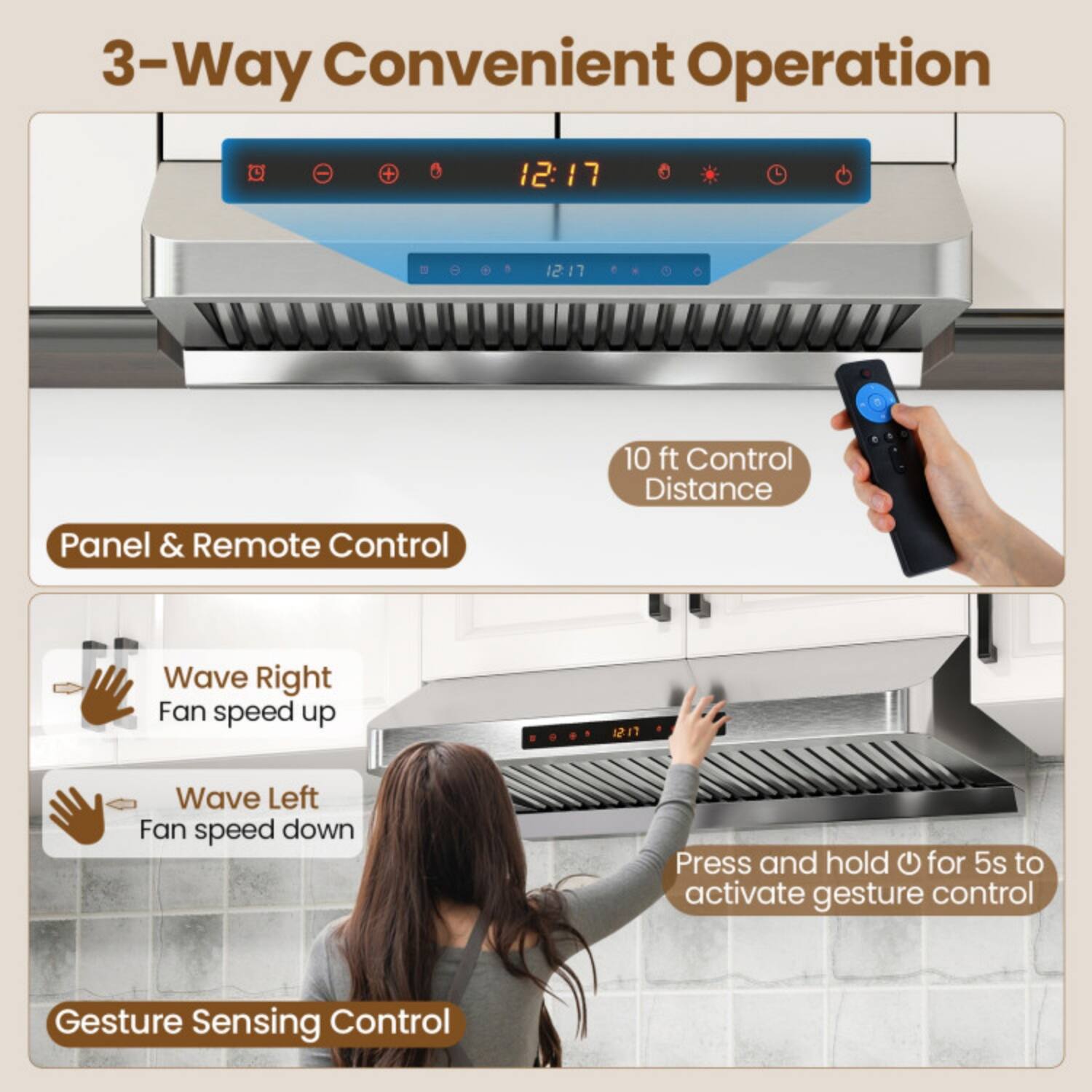 3-Way Convenient Operation

Panel & Remote Control
- 10 ft Control Distance

Gesture Sensing Control
- Wave Right: Fan speed up
- Wave Left: Fan speed down
- Press and hold for 5s to activate gesture control