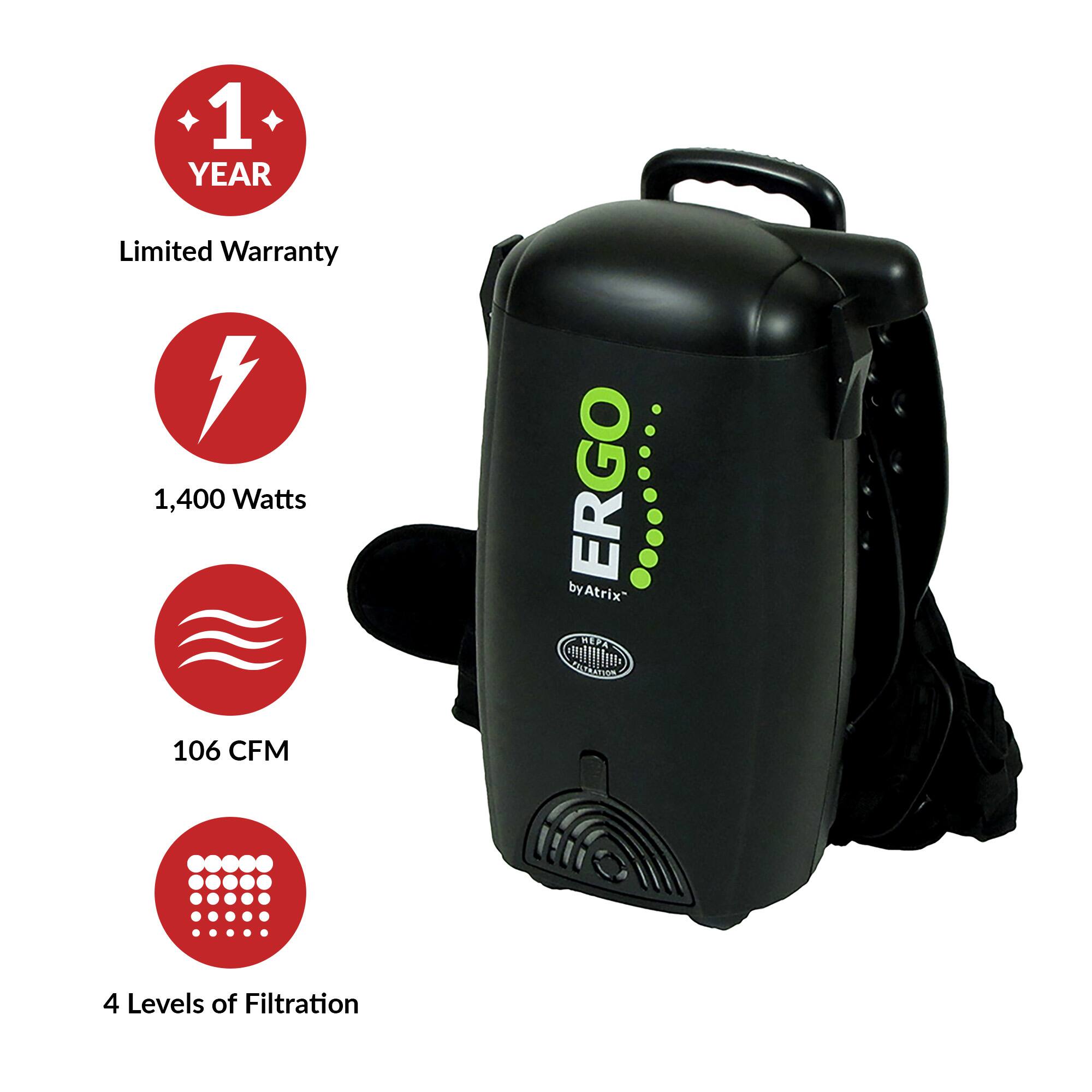 1 YEAR Limited Warranty  
1,400 Watts  
ERGO by Atrix  
106 CFM  
4 Levels of Filtration