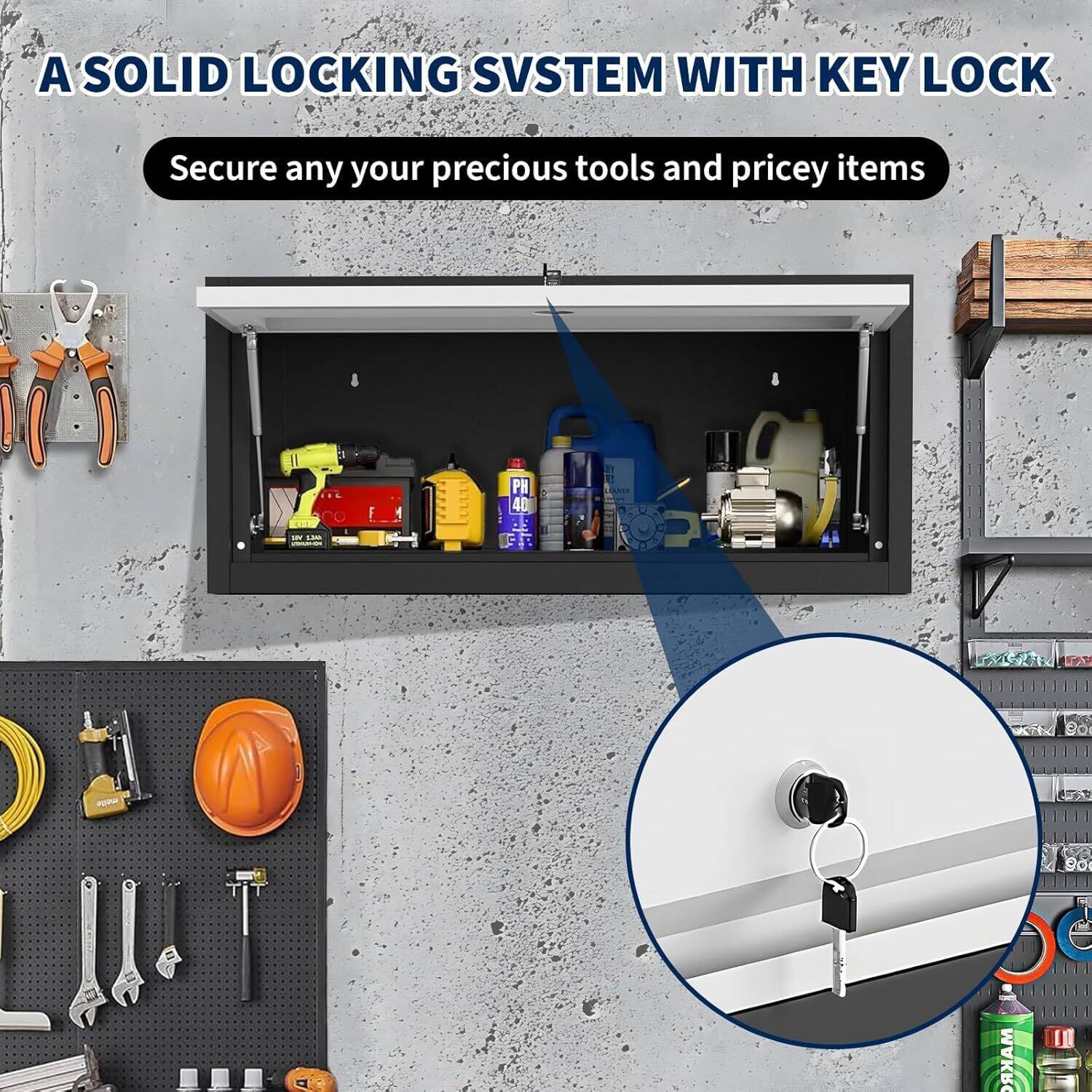 A SOLID LOCKING SYSTEM WITH KEY LOCK  
Secure any your precious tools and pricey items