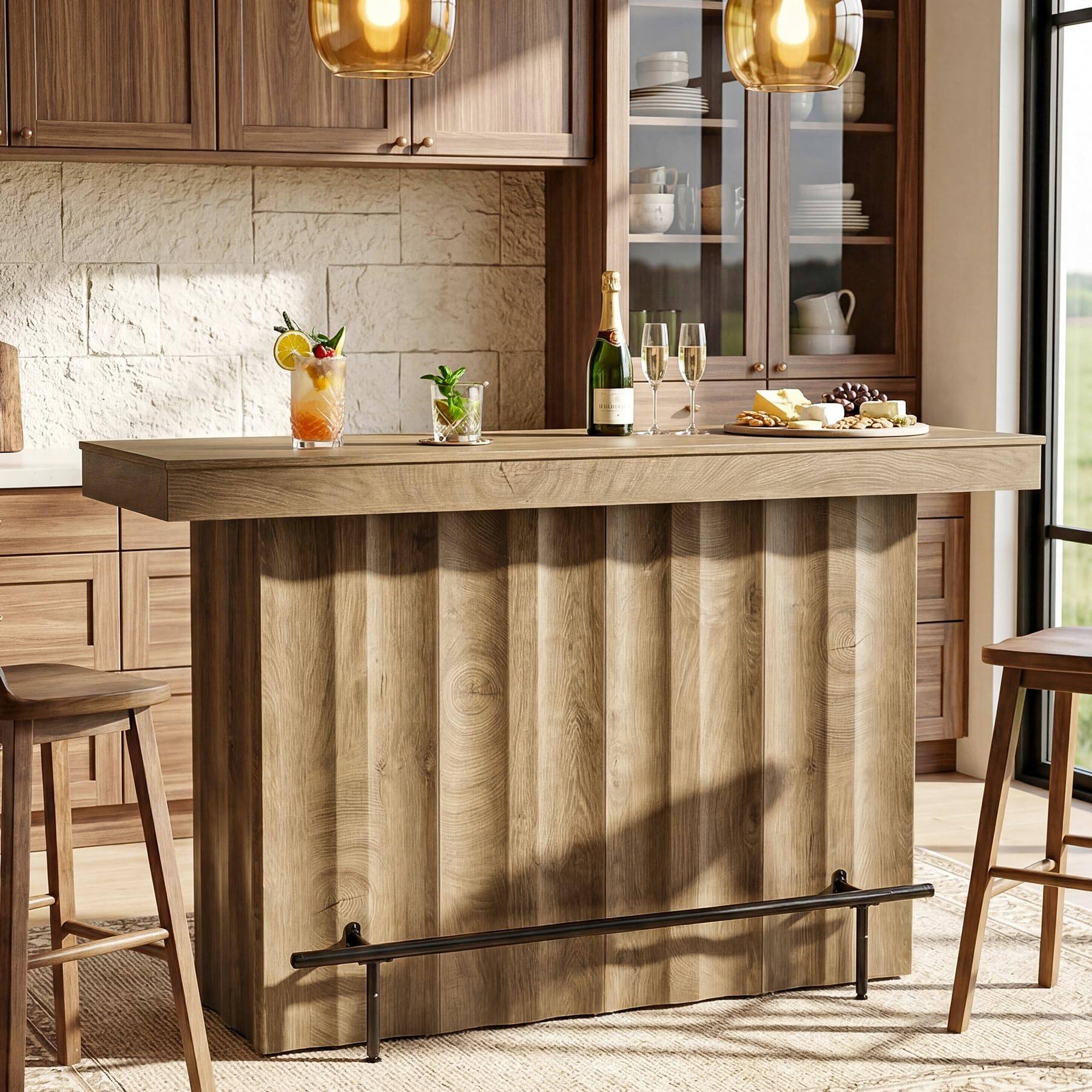 Left. Tribesigns - 63-Inch Bar Table, 2-Tier Farmhouse Counter Height Pub Table with Storage Shelves, High Top Bar Unit for Kitchen, Dining - Wood Color.