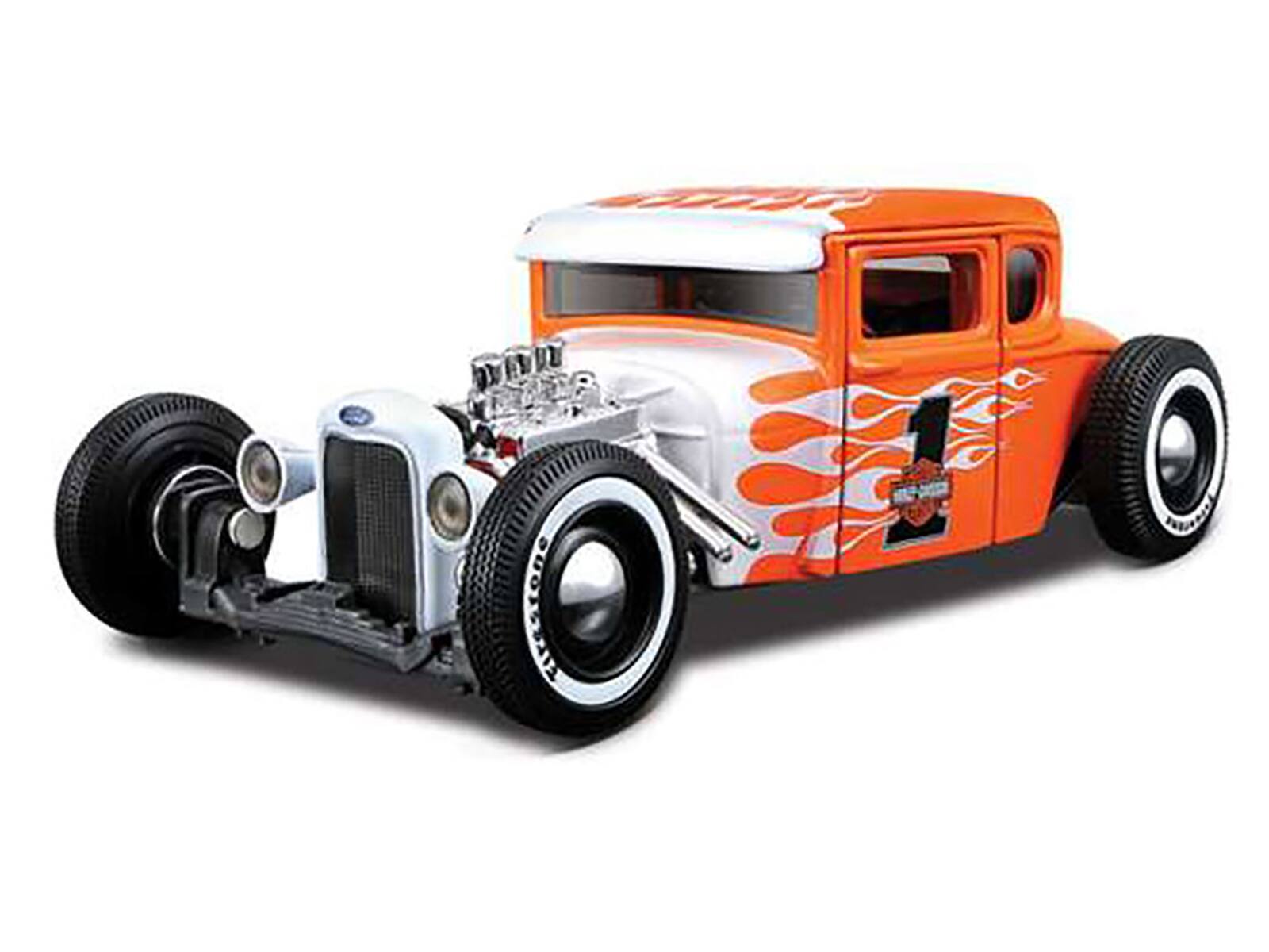 Angle. Maisto - 1929 Ford Model A #1 "Harley Davidson" Orange with White Flames 1/24 Diecast Model Car by Maisto - Orange And White.