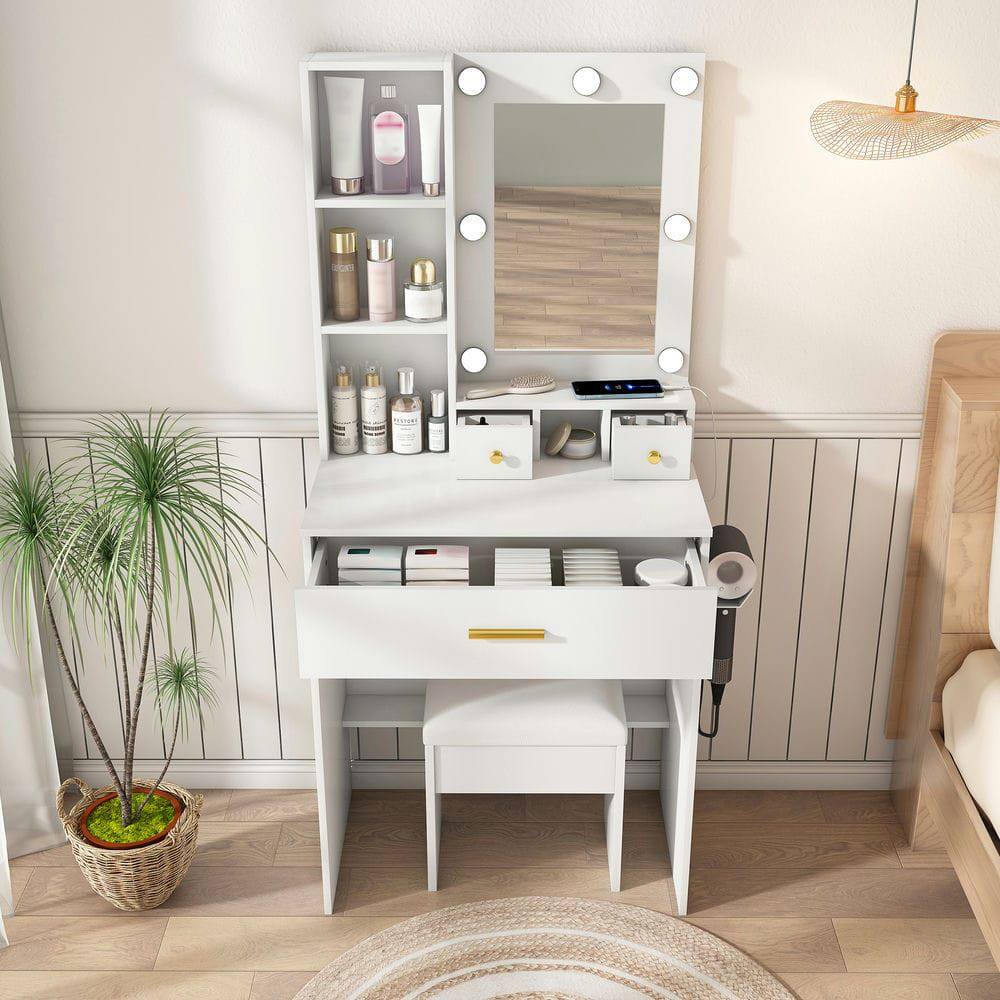 Alt View 1. Kadyn - LED Mirror Vanity Table with Electrical Outlet and Included Stool - White - White.