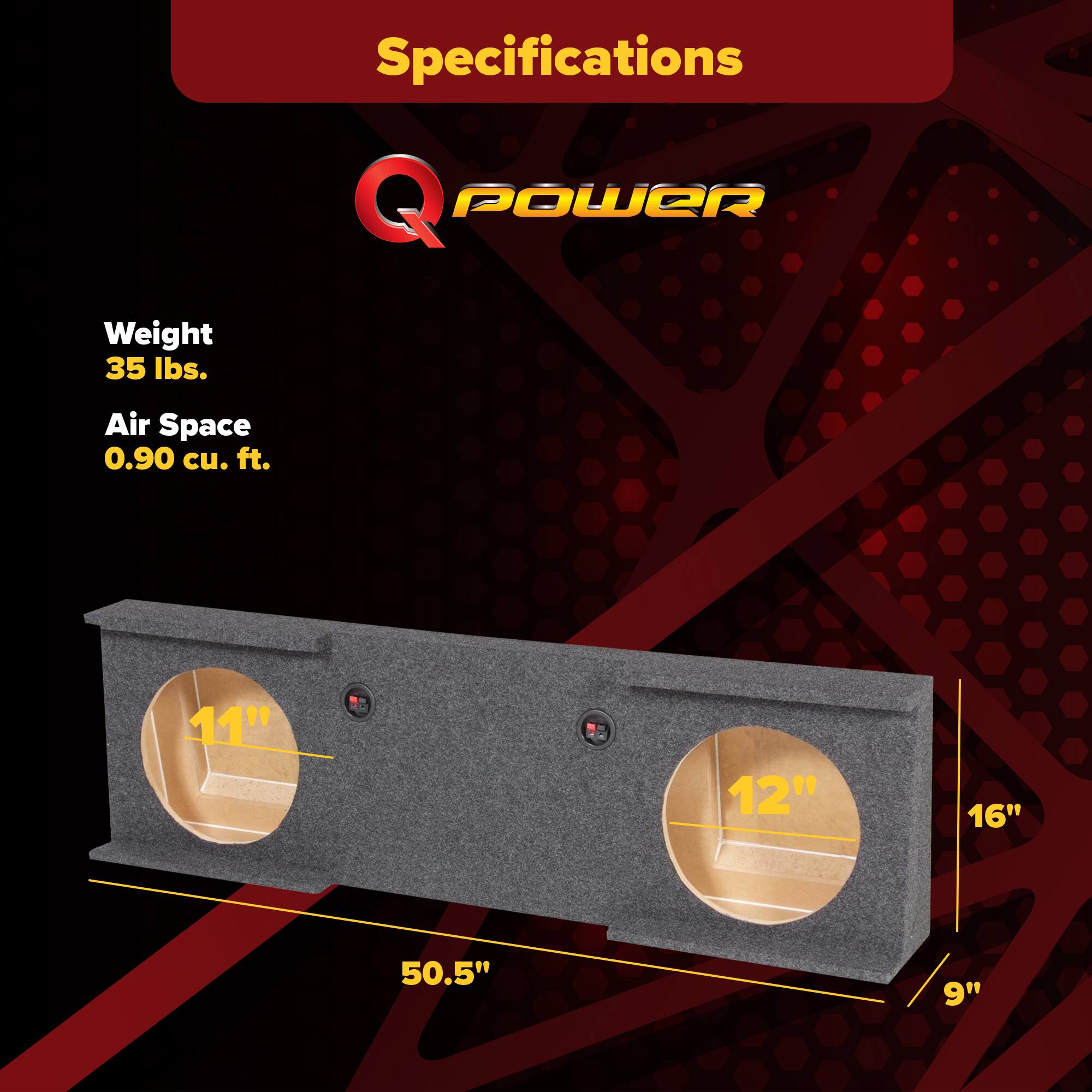 Specifications  
Q POWER  
Weight: 35 lbs.  
Air Space: 0.90 cu. ft.  
11"  
12"  
16"  
50.5"  
9"