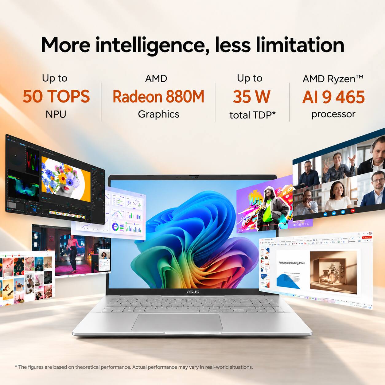 More intelligence, less limitation

Up to AMD 50 TOPS Radeon 880M NPU Graphics

Up to 35 W total TDP*

AMD Ryzen AI 9 465 processor

abuladali,
ope or
Perfumel Branding Pach

ASUS

*The figures are based on theoretical performance. Actual performance may vary in real-world situations.