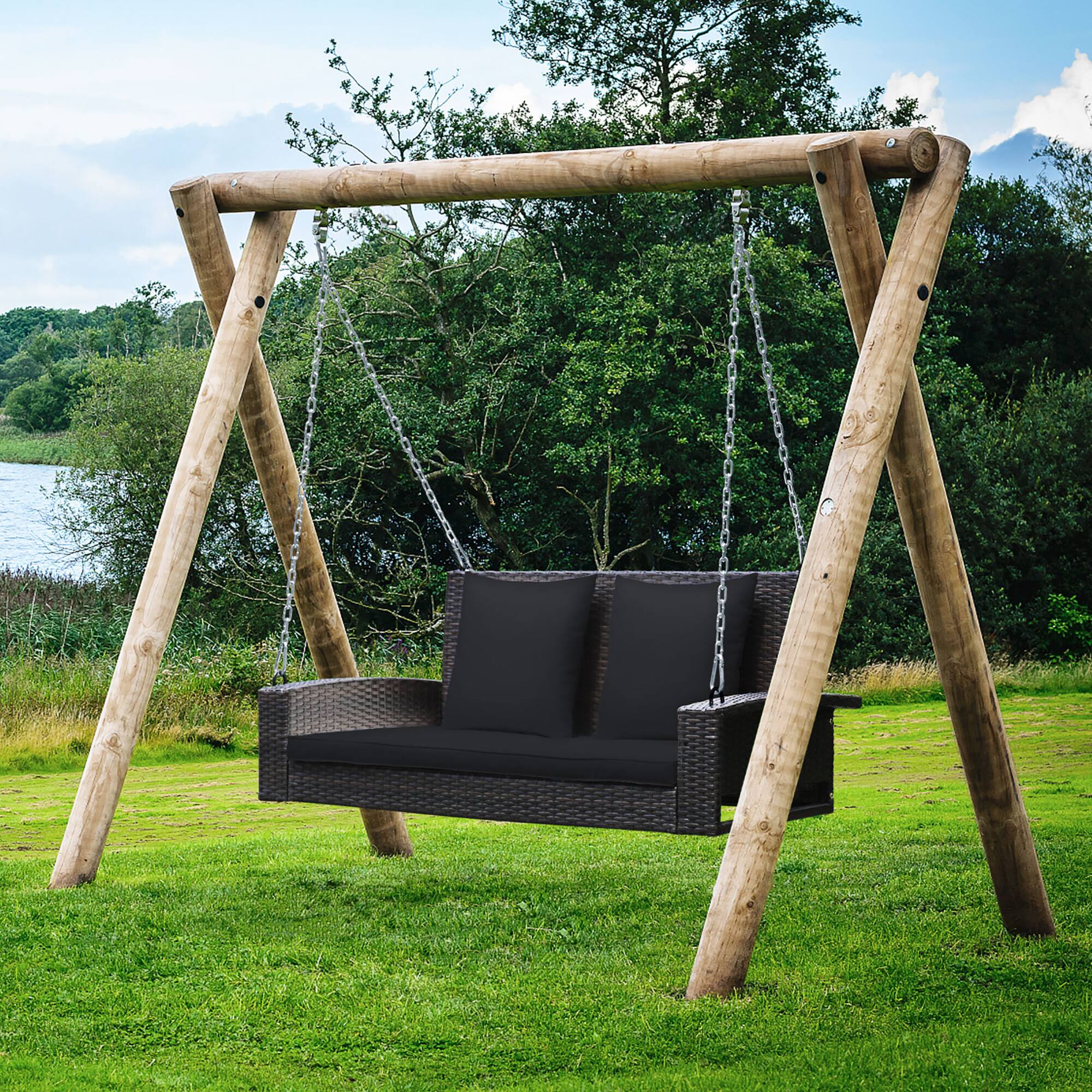 Alt View 4. Costway - Costway 2-Person Patio Rattan Hanging Porch Swing Bench Chair Cushion - Black.