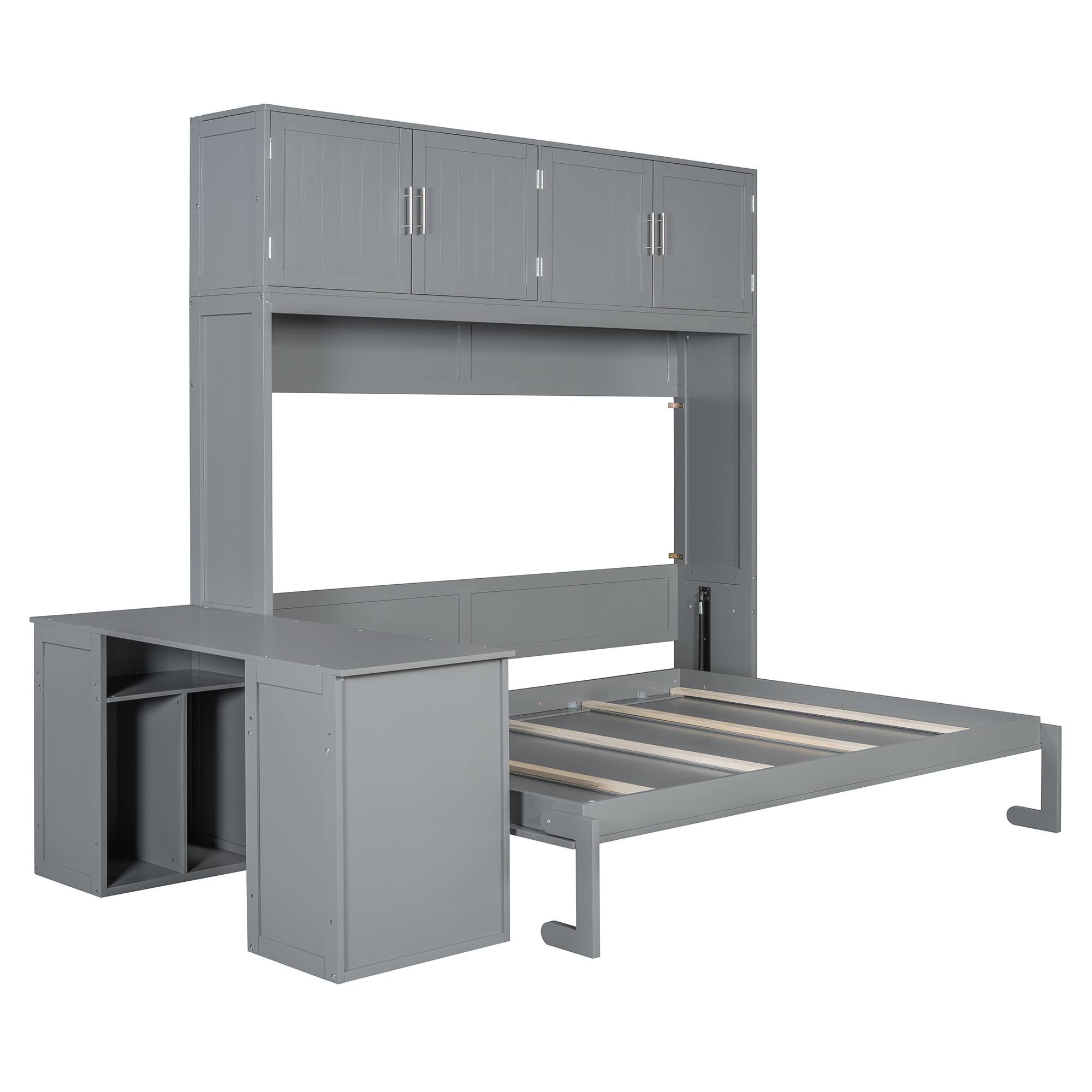Alt View 7. Tiramisubest - Queen Size Gray Wood Murphy Bed with Desk & Storage - Gray.