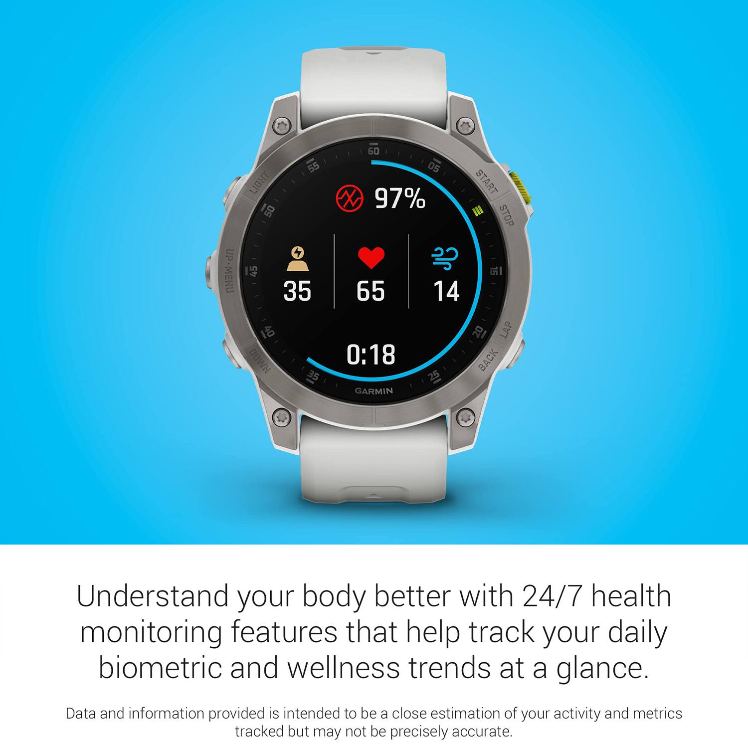 UP-MENU 55 LIGHT 50 4 45 35 1 HMDD 35 60 05 START X 97% III STOP 65 14 I8 LAP 0:18 BACK 25 GARMIN

Understand your body better with 24/7 health monitoring features that help track your daily biometric and wellness trends at a glance.

Data and information provided is intended to be a close estimation of your activity and metrics tracked but may not be precisely accurate.