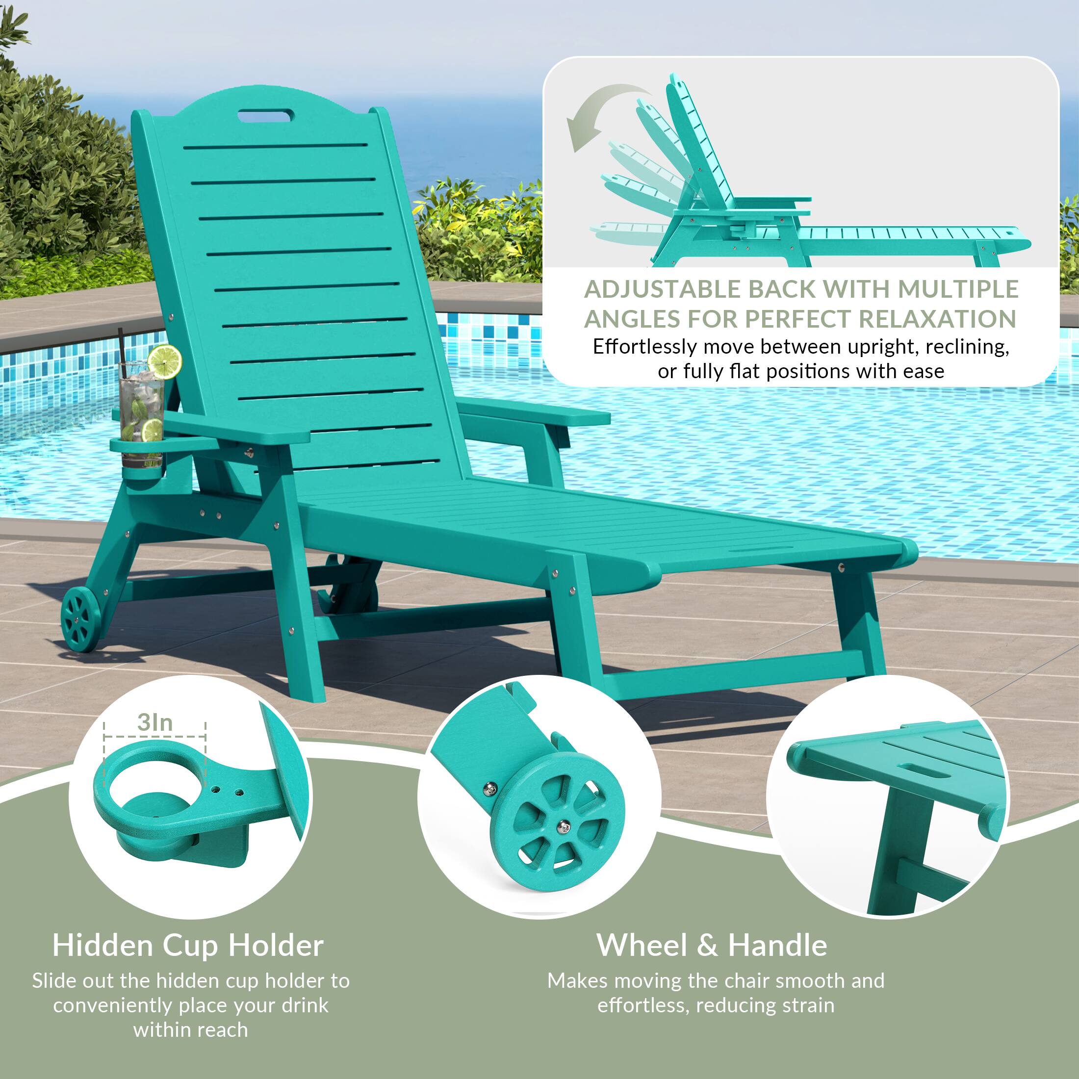 ADJUSTABLE BACK WITH MULTIPLE ANGLES FOR PERFECT RELAXATION  
Effortlessly move between upright, reclining, or fully flat positions with ease  

3ln Hidden Cup Holder  
Slide out the hidden cup holder to conveniently place your drink within reach  

Wheel & Handle  
Makes moving the chair smooth and effortless, reducing strain