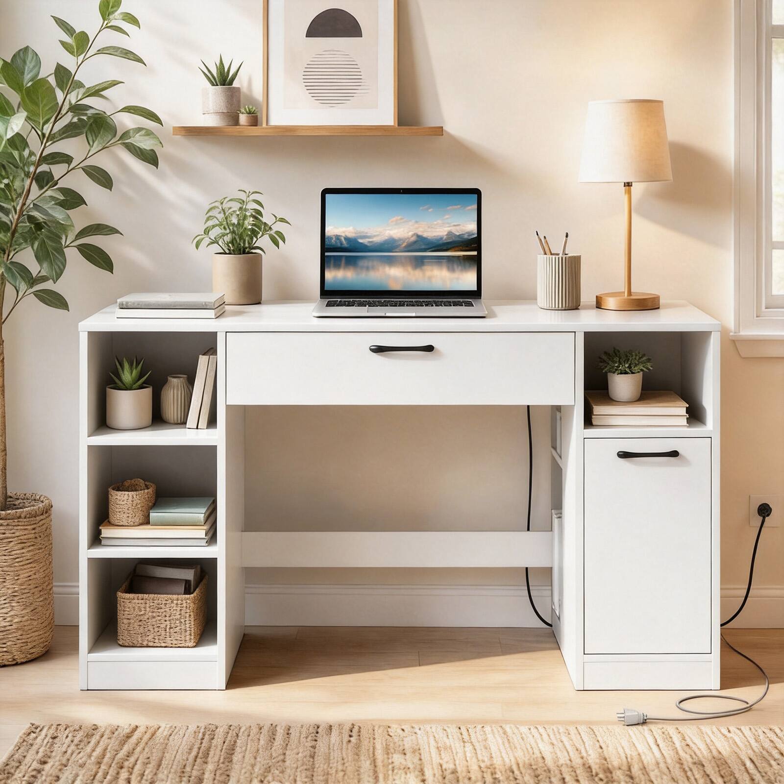 Alt View 4. Costway - Costway 53" Sewing Table with Power Outlets 2 Drawers Open Compartments 5 Removable Shelves - White.