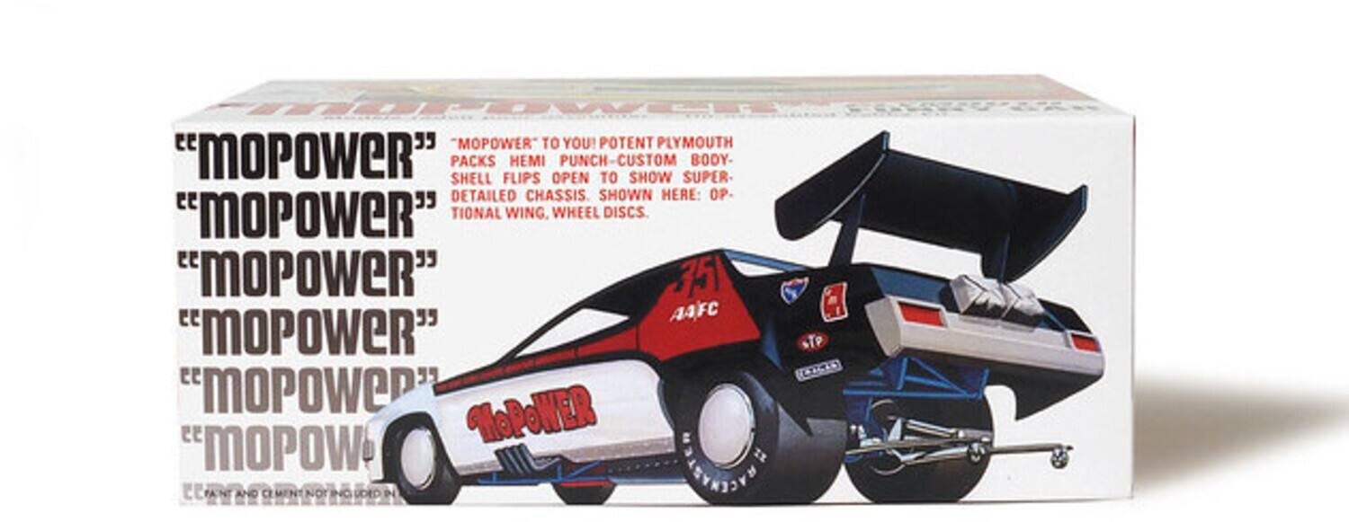 "MOPOWER" TO YOU! POTENT PLYMOUTH "MOPOWER" PACKS HEMI PUNCH-CUSTOM BODY. SHELL FLIPS OPEN TO SHOW SUPER-DETAILED CHASSIS. SHOWN HERE: OPTIONAL WING, WHEEL DISCS. "MOPOWER" 351 AAFC "MOPOWER" STP "MOPOWER" "MOPOWER" "MOPOWER" "MOPOWER"