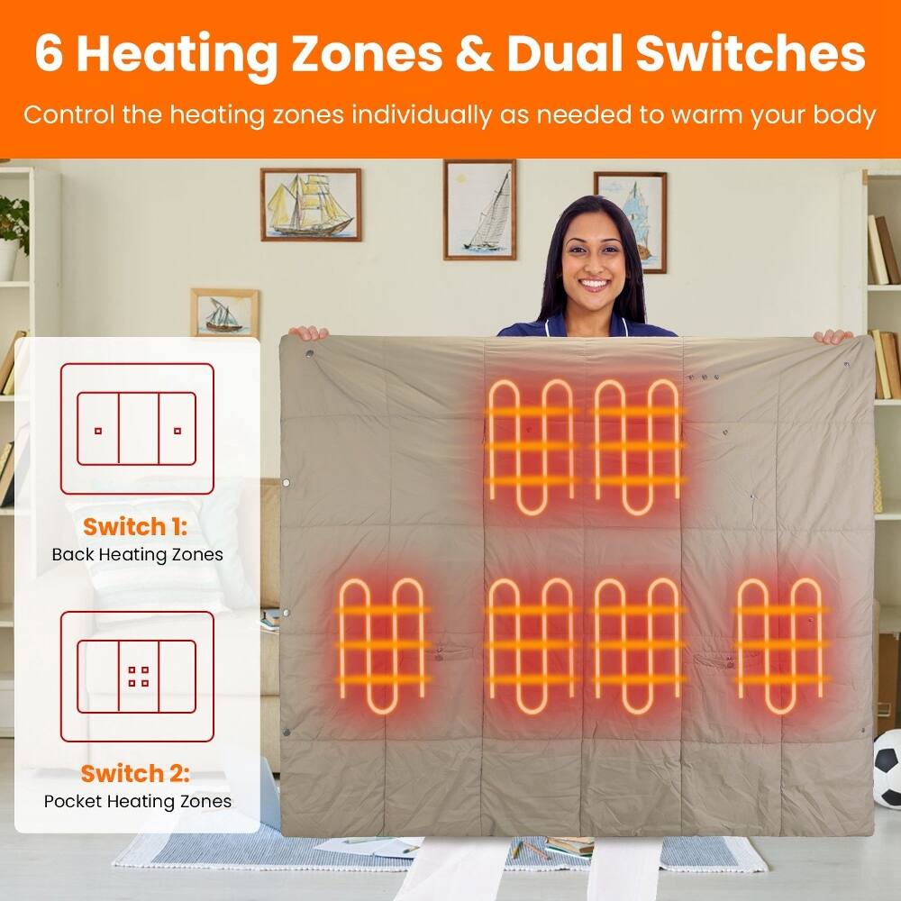 6 Heating Zones & Dual Switches  
Control the heating zones individually as needed to warm your body  

Switch 1: Back Heating Zones  
Switch 2: Pocket Heating Zones