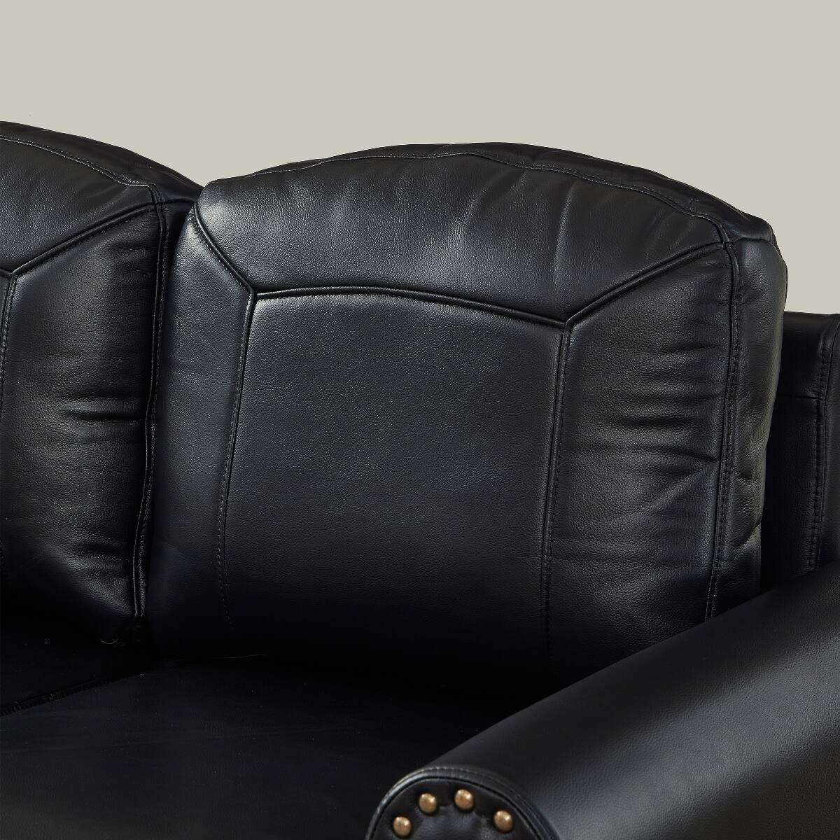 Alt View 1. Ropilly - Ropilly Black Faux Leather Sofa with Rolled Arms, Three Seat Living Room Couch with Solid Wood Legs - Black.