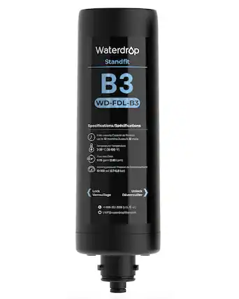 Waterdrop Standfit B3 WD-FDL-B3 Specifications/Spécifications
Filter capacity/Capacité de filtration up to 12 months/Jusqu'à 12 mois
Temperature/Temperatur 2-38°C (35-100°F)
Flow rate/Debit 0.75 gpm (2.83 Lpm)
Working pressure/Pression de fonctionnement 10-100 psi (0.7-6.8 bar)
Lock Unlock Verrouillage Dverrouiller
+1-888-352-3558 (U.S./E-U)
UWF@waterdropfilter.com