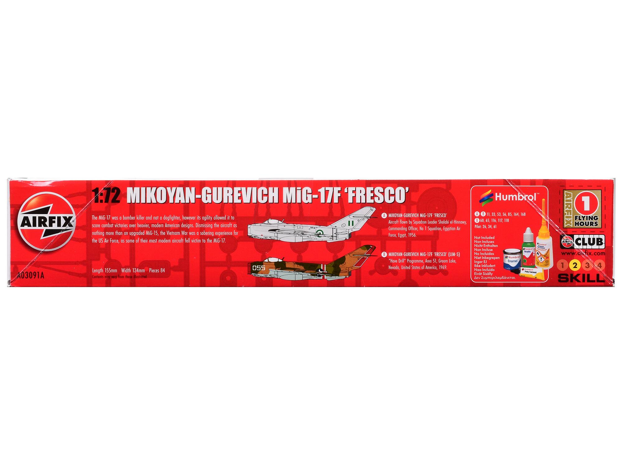 1:72 MIKOYAN-GUREVICH MiG-17F 'FRESCO'

The MiG-17 was a bomber killer and not a dogfighter, however its agility allowed it to score combat victories over heavier, modern American designs. Dismissing the MiG-17 as nothing more than a sparrowed MiG-15, the Western World was to learn the hard way that the MiG-17 was a superb fighter, as some of their most modern aircraft fell victim to the MiG-17.

Aircraft flown by Squadron Leader Shalaby el-Himawy, No. 1 Squadron, Egyptian Air Force, Egypt, 1956

Aircraft flown by 'Howe Drill' Proctor, No. 51 Green Larks, Nevada, United States of America, 1962

Length 155mm Width 134mm Pieces 84

Contents: 1 MiG-17F 'FRESCO' (LUM-5) Includes: 1 MINIYAN GUREVICH NG FRESCO [LUM-5] M

Humbrol

11, 33, 53
