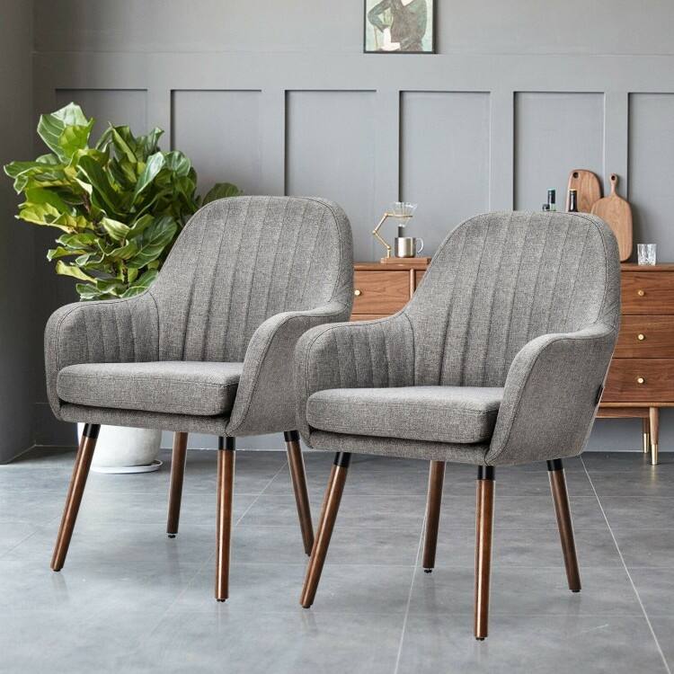 Left. Hivvago - Set of 2 Retro Grey Linen Upholstered Accent Chair with Stylish Wood Legs - Gray.