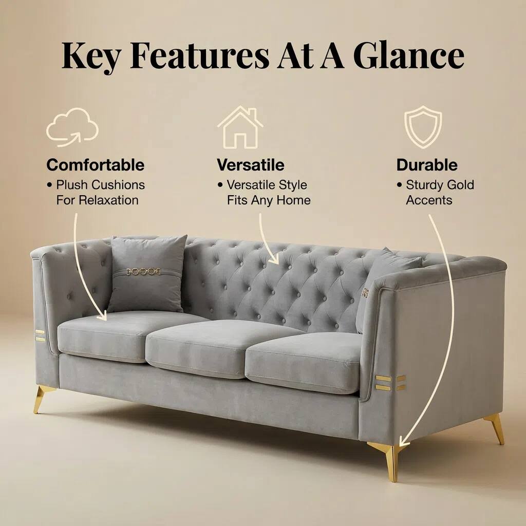 Key Features At A Glance

- Comfortable
  - Plush Cushions For Relaxation

- Versatile
  - Versatile Style Fits Any Home

- Durable
  - Sturdy Gold Accents