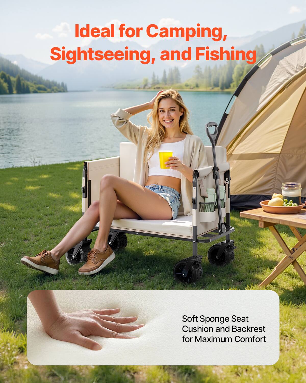 Ideal for Camping, Sightseeing, and Fishing. Soft Sponge Seat Cushion and Backrest for Maximum Comfort.