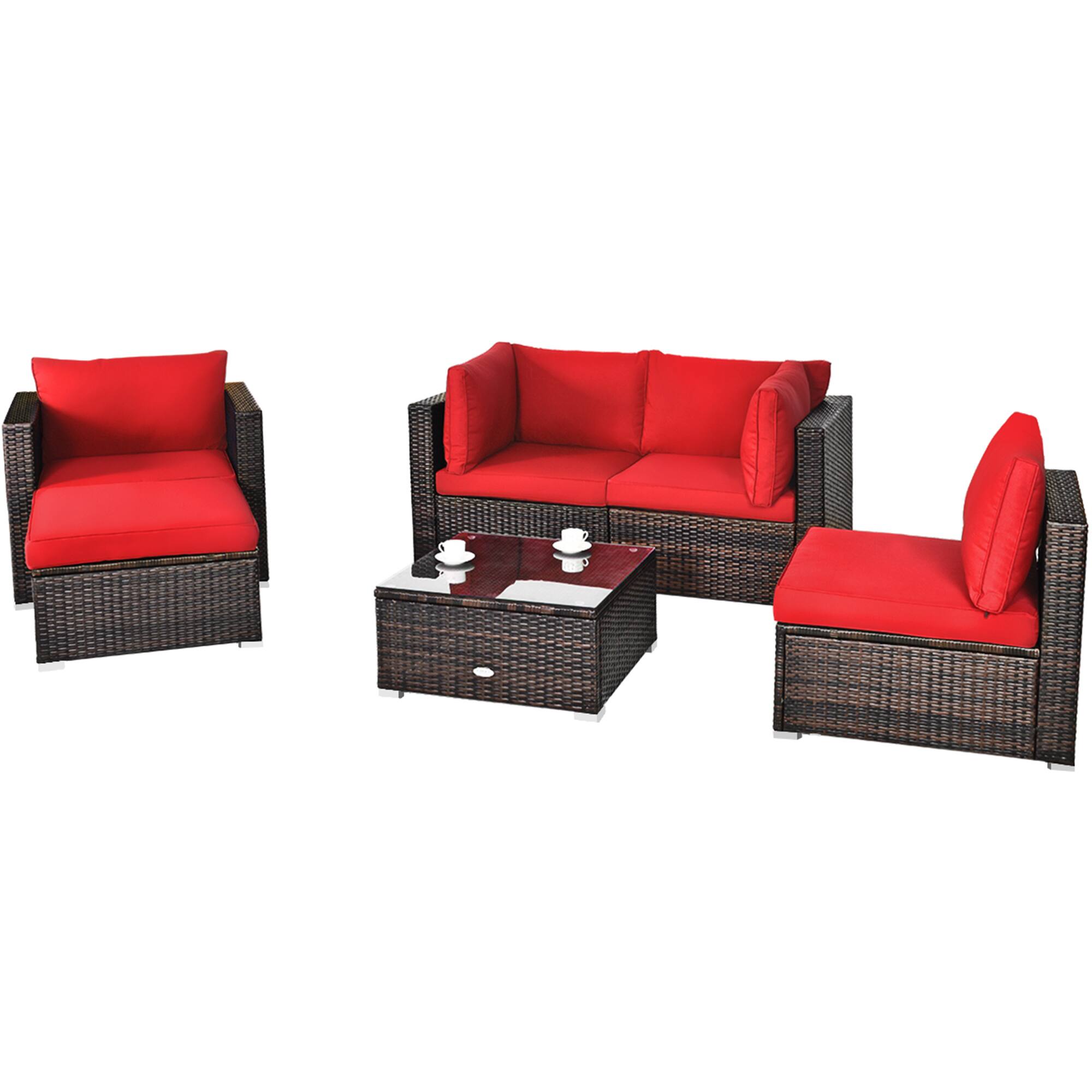 Alt View 5. Gymax - Gymax 6PCS Patio Conversation Set Rattan Sectional Furniture Set w/ Red Cushions - Red.