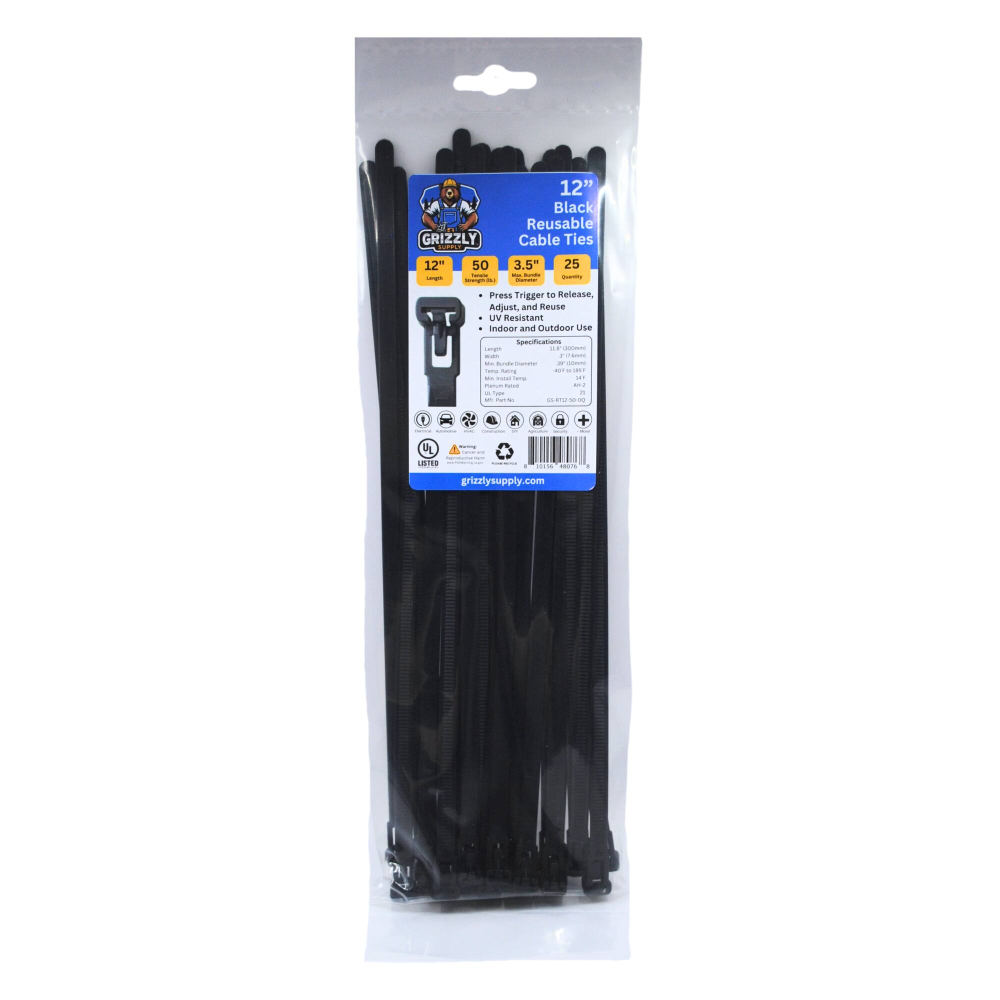 12" Black Reusable GRIZZLY Cable Ties 12" 50 3.5" 25 - - - - - | Press Trigger, to Release, Adjust, and Reuse W Resistant Indoor and Outdoor Use  - - : - | Specifications . - - - | i - - - - - - I - .. - I -  - - - - - - -e - -  | I  81S I -. grizzlysupply.com