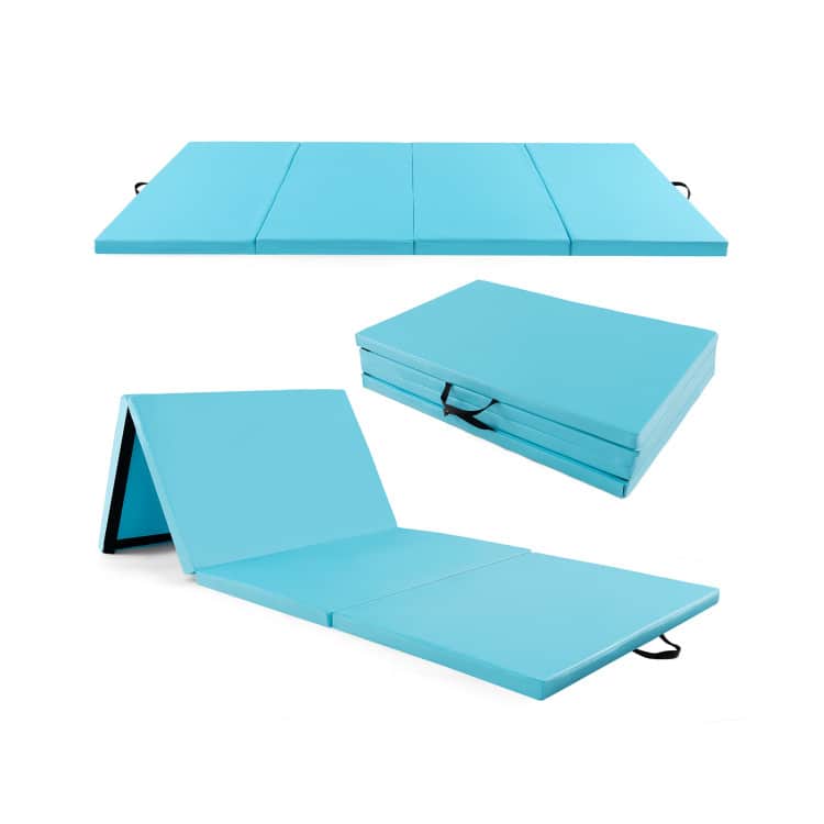 SlickBlue - Folding 4-Panel Exercise Mat with PU Cover and Built-In Carry Handles - Blue