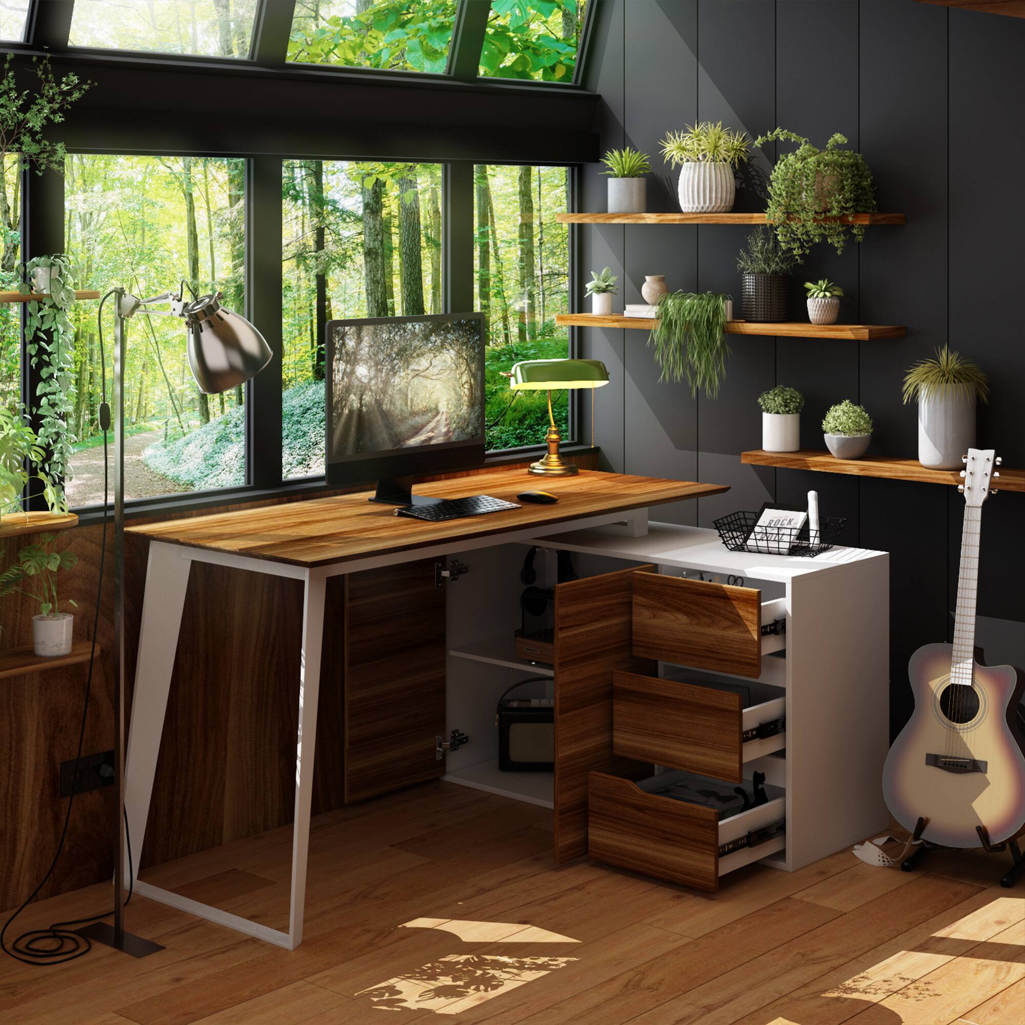 Alt View 2. FUFU&GAGA - FUFU&GAGA Reversible L - Shaped Desk with Adjustable Storage – Ideal for Home Offices & Creative Studios - Brown & White.