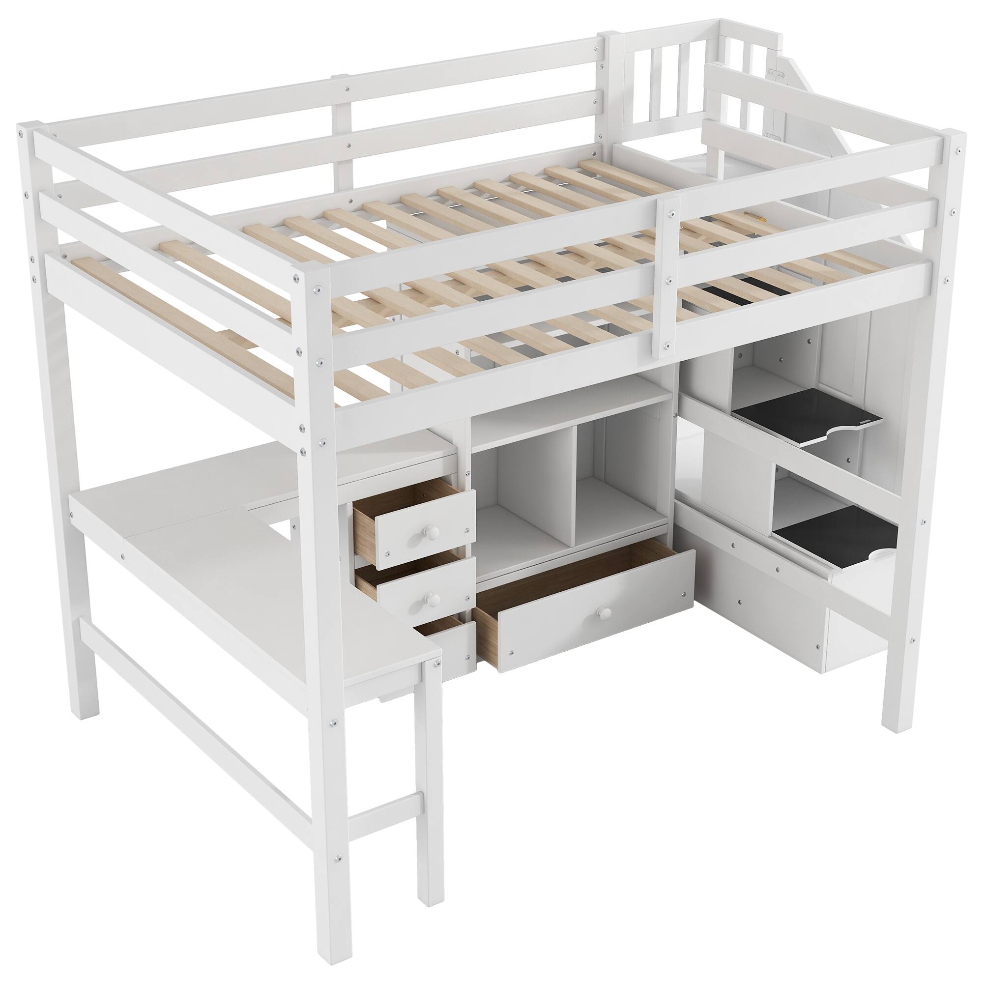 Alt View 8. Tiramisubest - Full Size White Pine Loft Bed with L-Shaped Desk, Drawers, Cabinet & Storage Staircase - White.