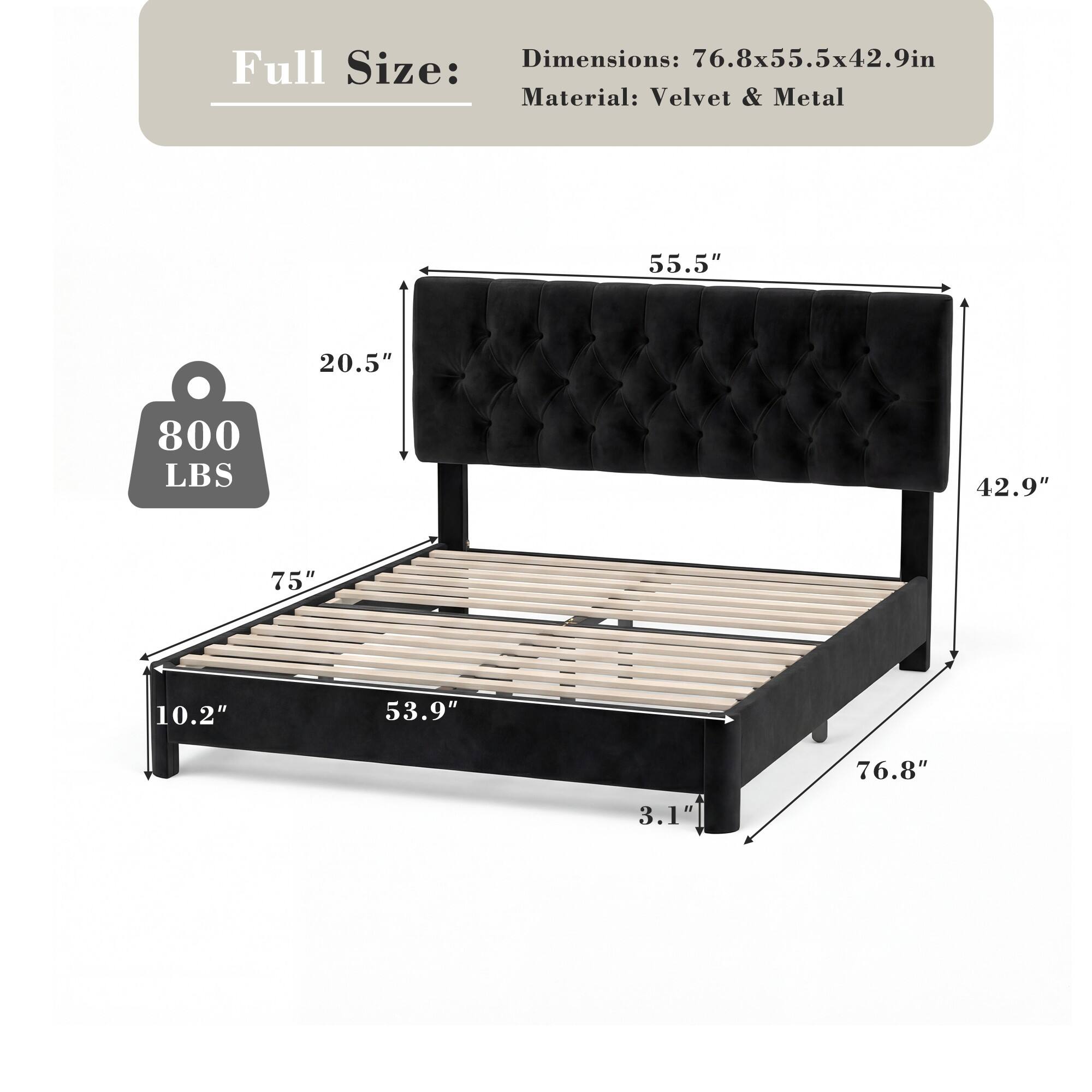 Full Size:  
Dimensions: 76.8x55.5x42.9in  
Material: Velvet & Metal  

55.5"  
20.5"  
800 LBS  
42.9"  
75"  
10.2"  
53.9"  
76.8"  
3.1"