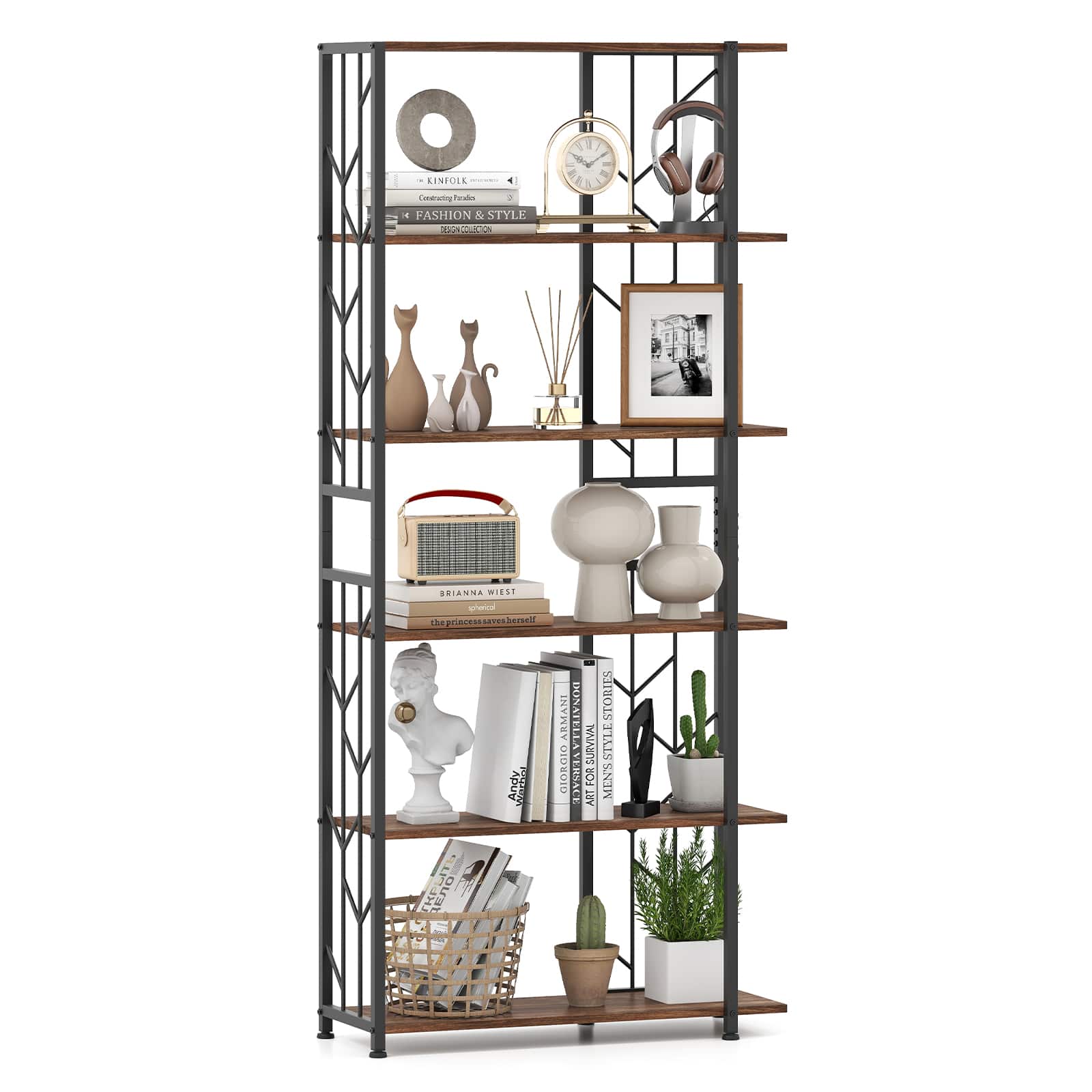 Gymax - 6-Tier Bookshelf w/Heavy-duty Metal Frame2 Anti-tipping Kits for Living Room Rustic - Brown