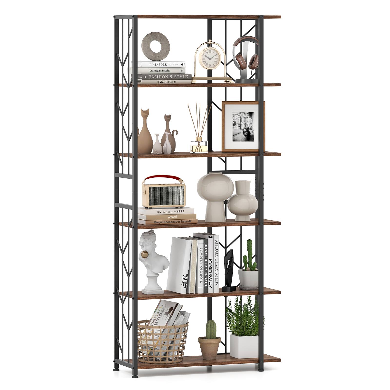 Gymax - 6-Tier Bookshelf w/Heavy-duty Metal Frame2 Anti-tipping Kits for Living Room Rustic - Brown