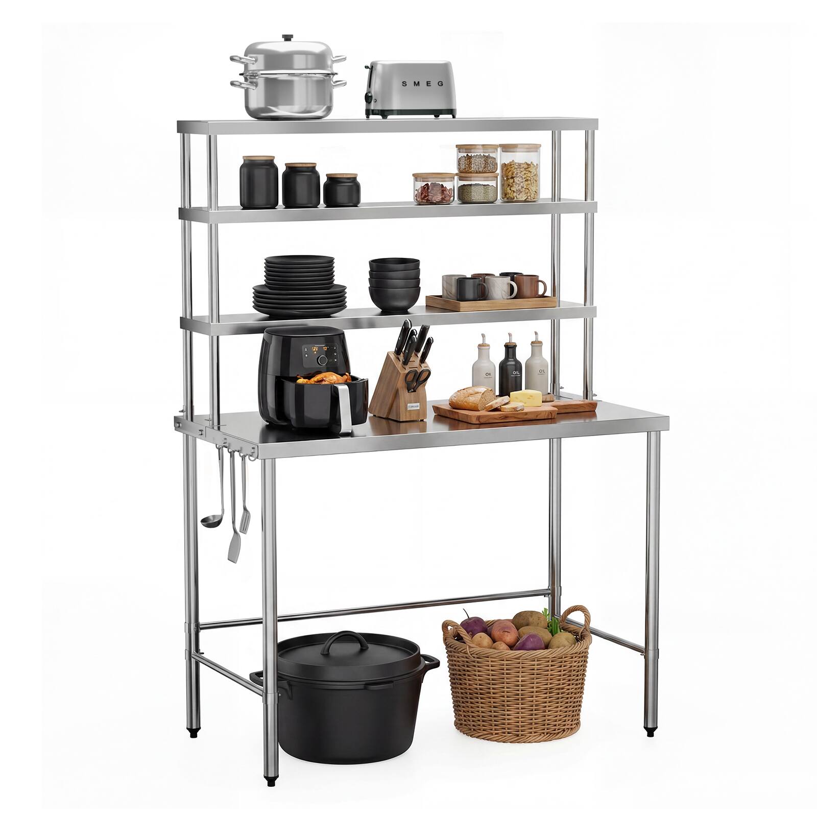 Angle. Winado - 47" x 24" Open Base Stainless Steel Work Table Pre Table w/ Overshelves, Detachable Hooks for Kitchen Garage Restaurant - Silver.