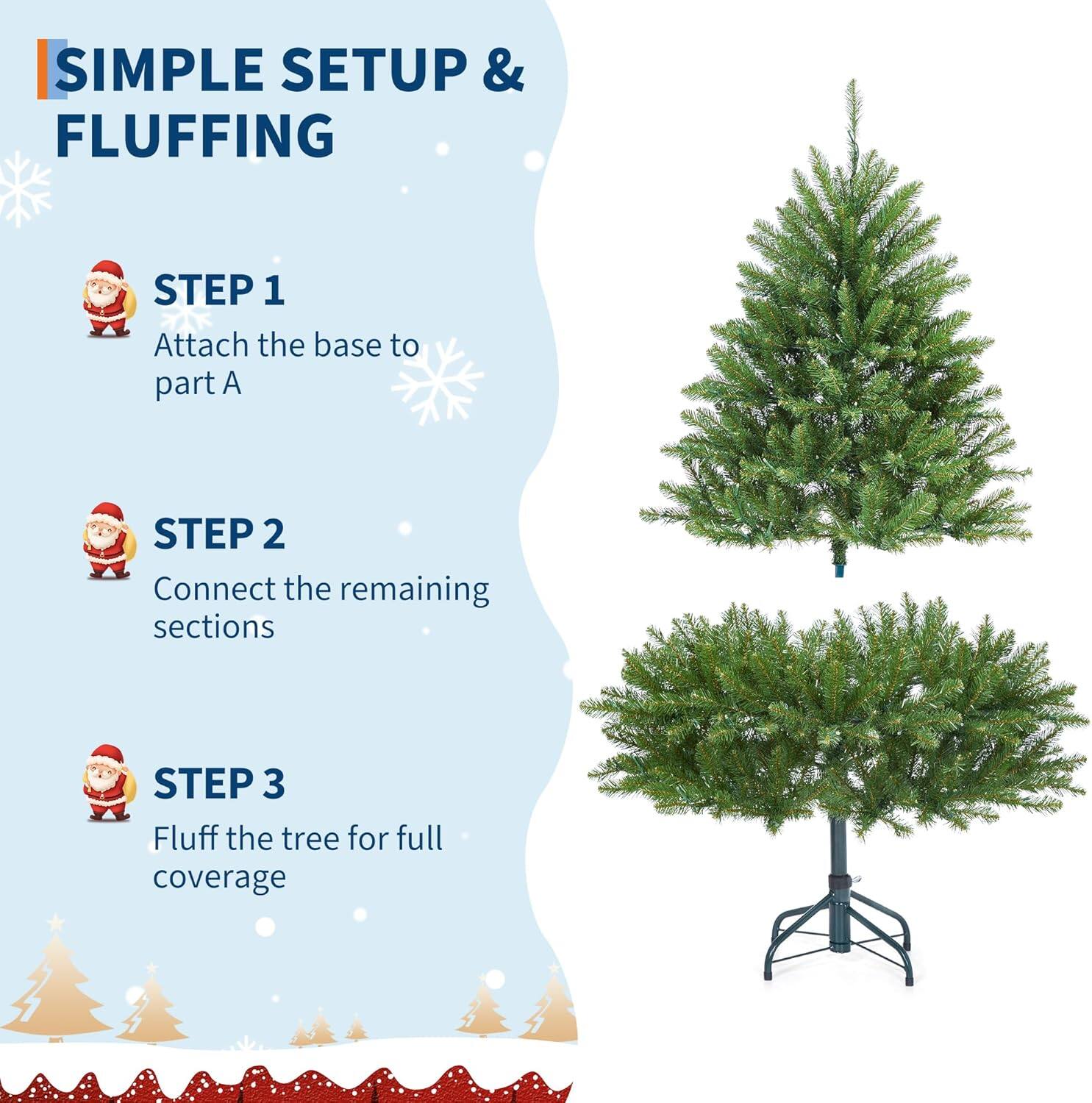 SIMPLE SETUP & FLUFFING

STEP 1
Attach the base to part A

STEP 2
Connect the remaining sections

STEP 3
Fluff the tree for full coverage