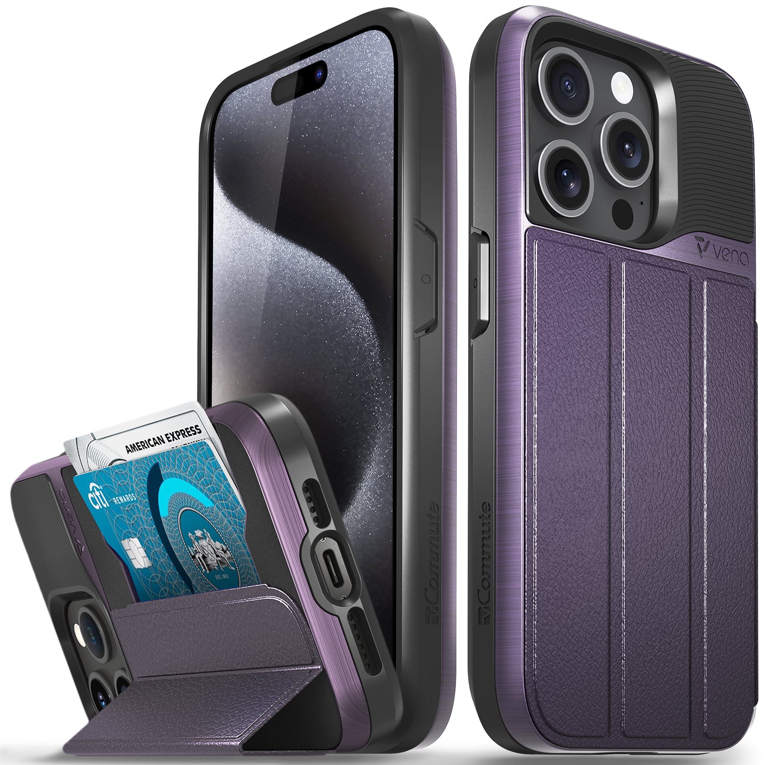 Vena - vCommute Wallet Case for Apple iPhone 15 Pro - Flip Leather Cover Card Slot Holder with Kickstand - Deep - Purple