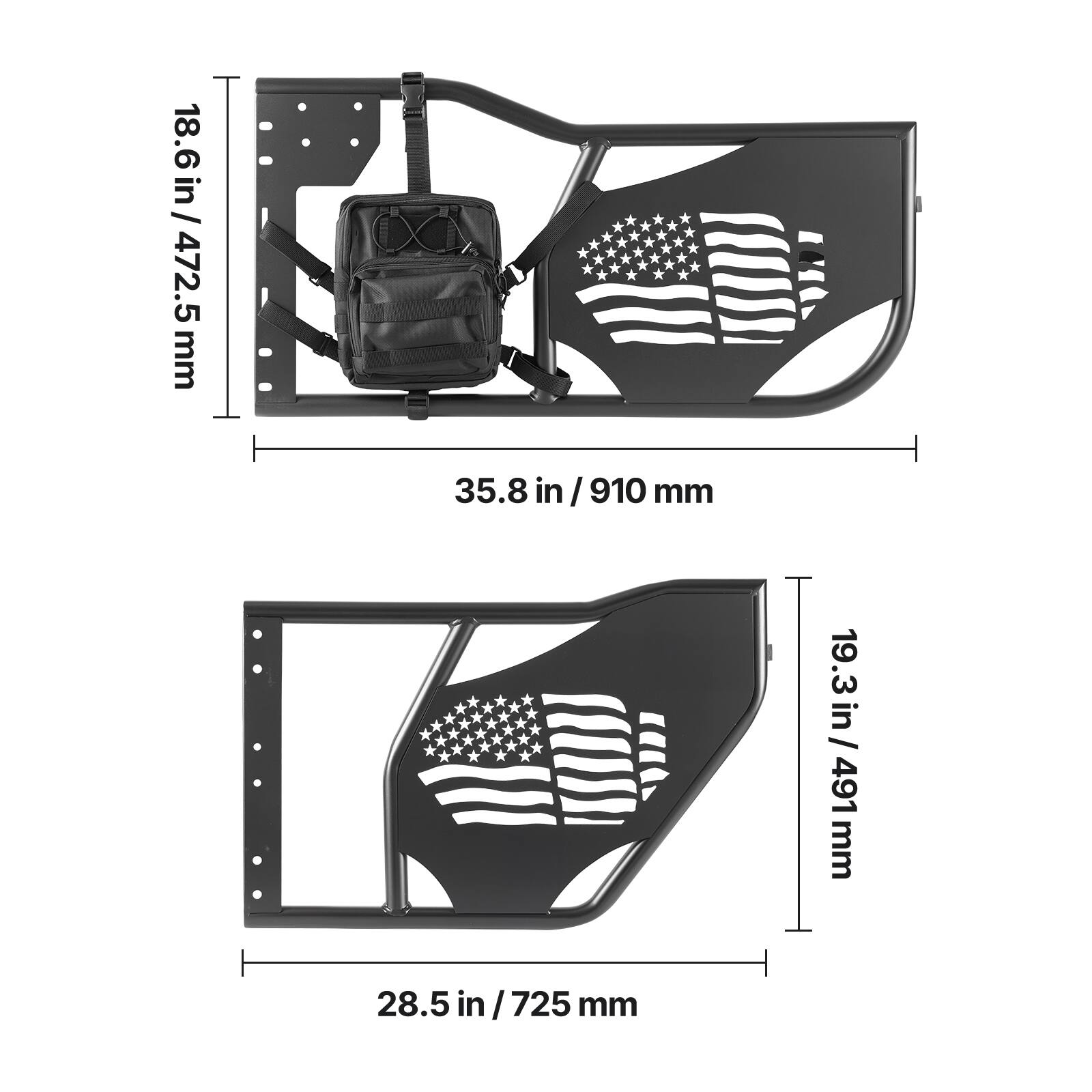 18.6 in/472.5 mm  
35.8 in/910 mm  
19.3 in/491 mm  
28.5 in/725 mm
