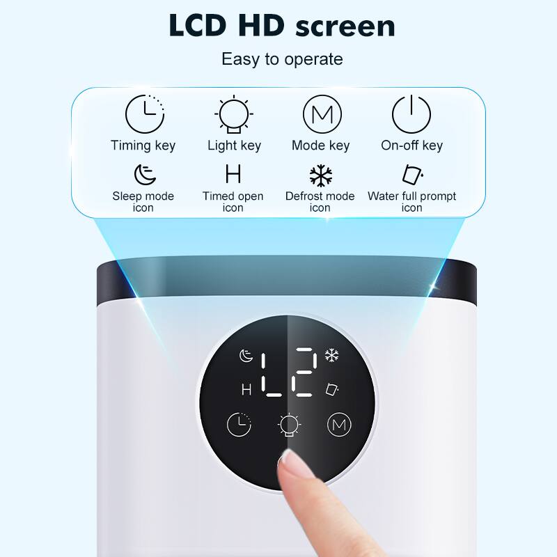 LCD HD screen  
Easy to operate  

- Timing key  
- Light key  
- Sleep mode icon  
- Timed open icon  
- Mode key  
- On-off key  
- Defrost mode icon  
- Water full prompt icon