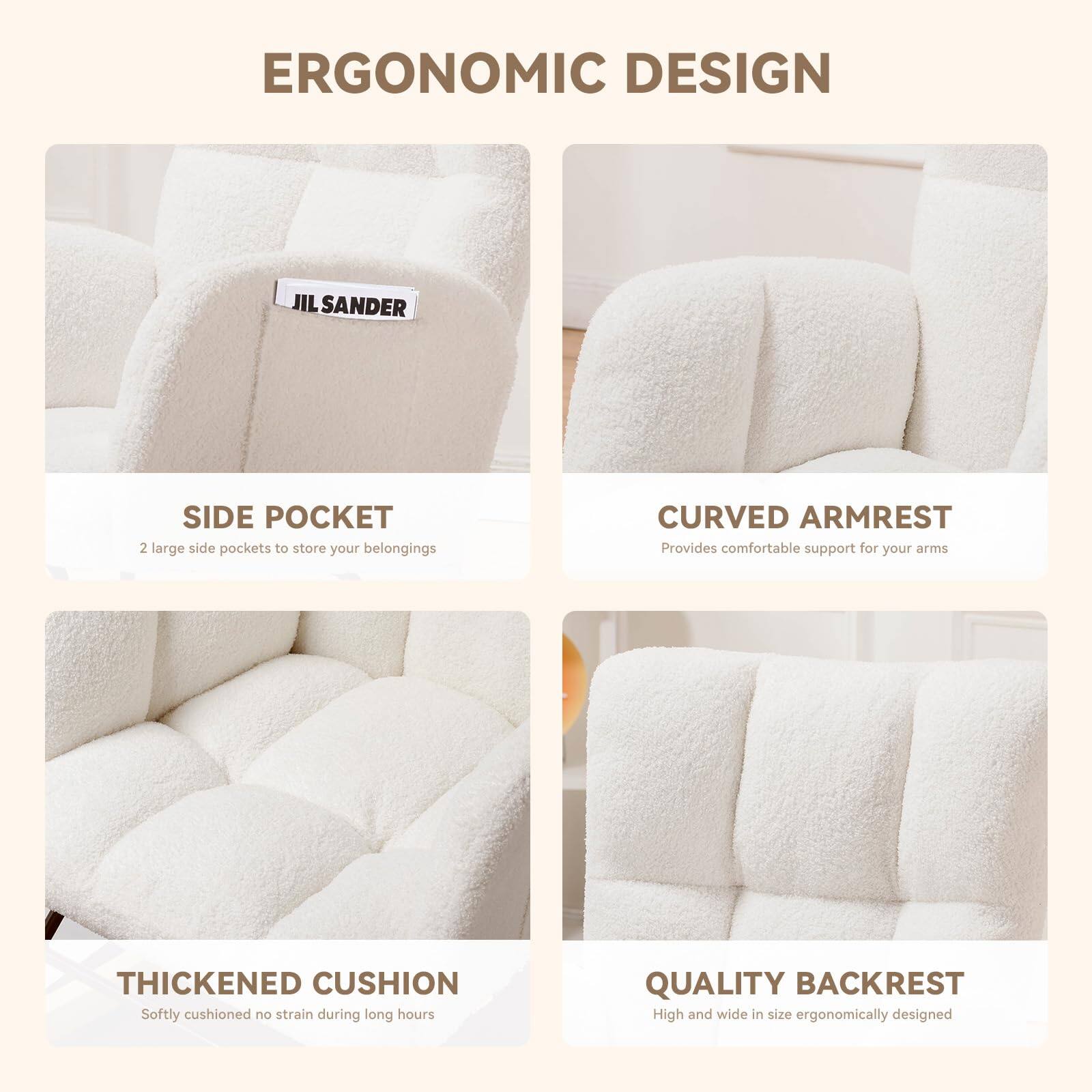 ERGONOMIC DESIGN

SIDE POCKET  
2 large side pockets to store your belongings

CURVED ARMREST  
Provides comfortable support for your arms

THICKENED CUSHION  
Softly cushioned no strain during long hours

QUALITY BACKREST  
High and wide in size ergonomically designed