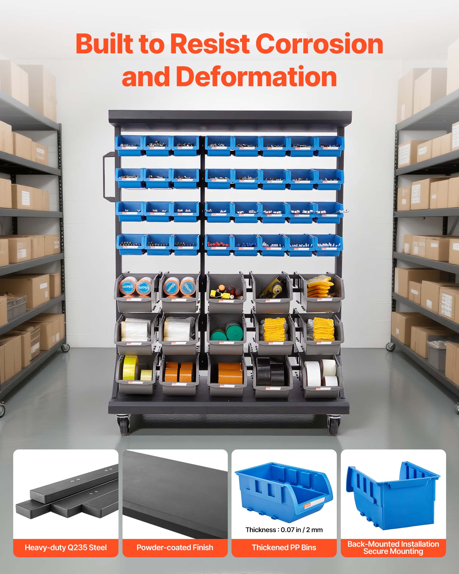 Built to Resist Corrosion and Deformation

- Heavy-duty Q235 Steel
- Powder-coated Finish
- Thickened PP Bins
- Back-Mounted Installation
- Secure Mounting

Thickness: 0.07 in / 2 mm