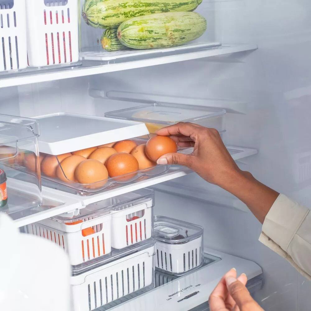 Alt View 2. OU - OU Egg Holder for Fridge, Rolling Egg Organizer for Refrigerator Organization, Clear Kitchen Storage.