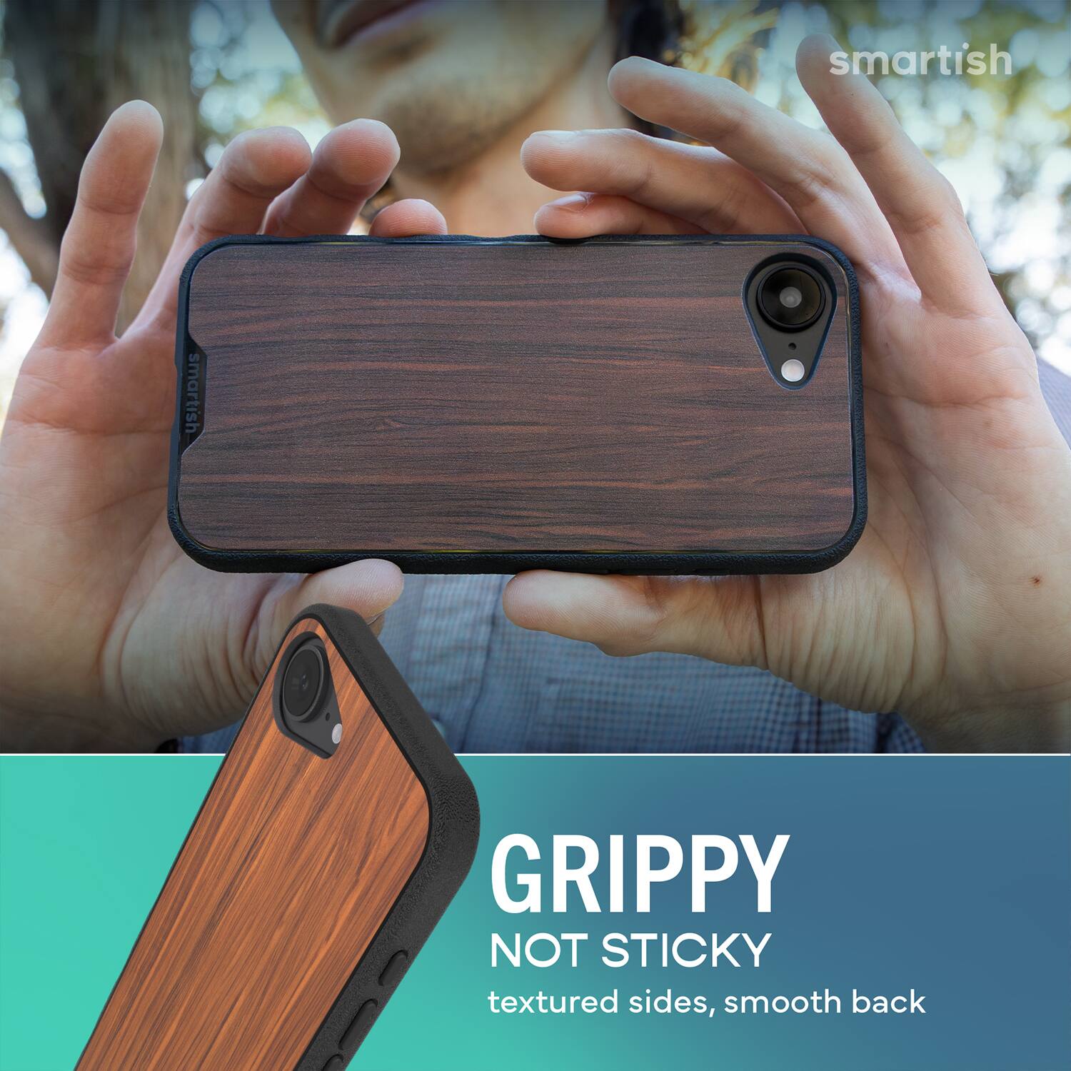 smartish  
GRIPPY NOT STICKY  
textured sides, smooth back