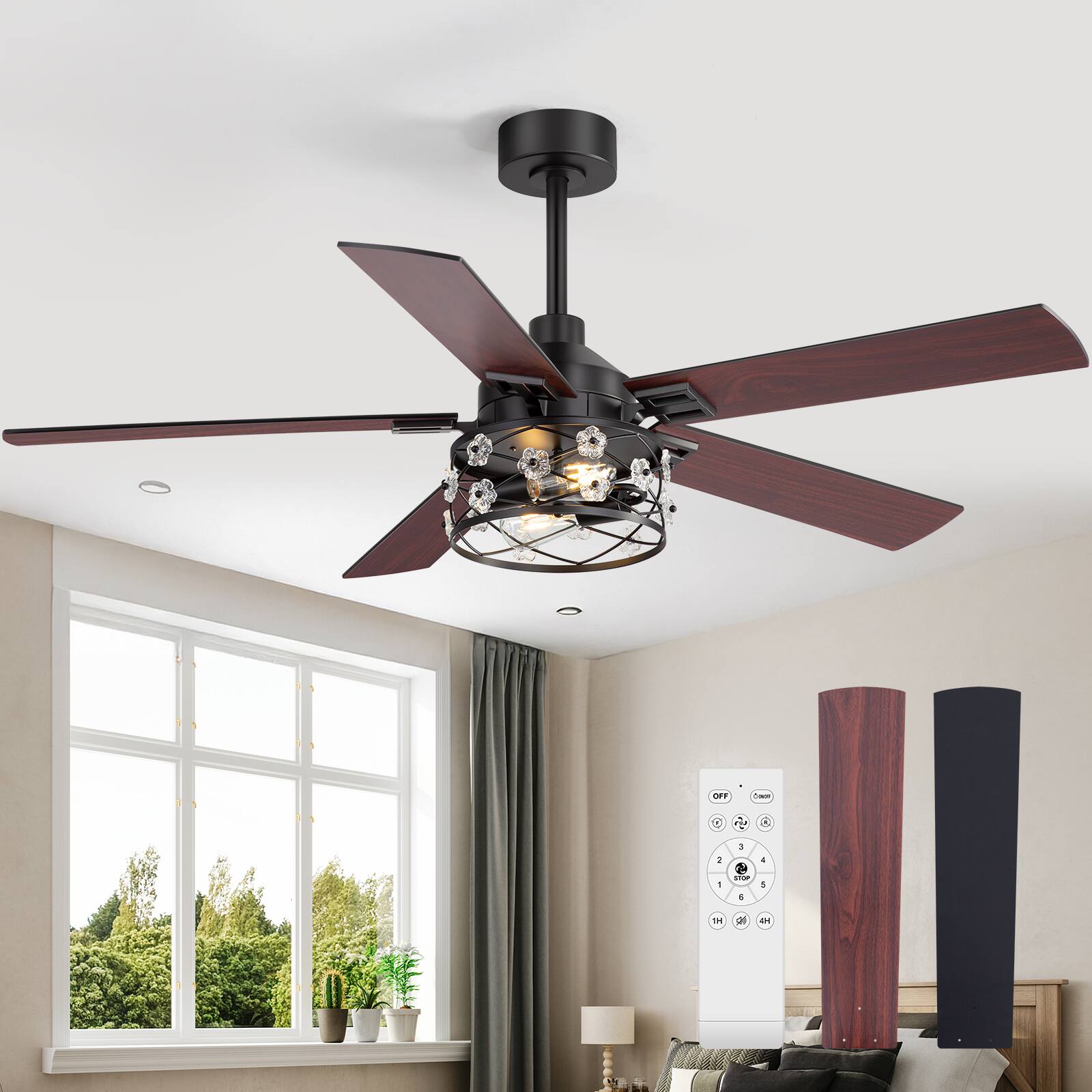 Back. Breezary - 52-Inch Indoor Ceiling Fan with Light Kit, 5 Plywood Dual-Finish Blades, DC Motor, 5/10'' Downrods, Remote, Glass Shade - Black and Dark Walnut.