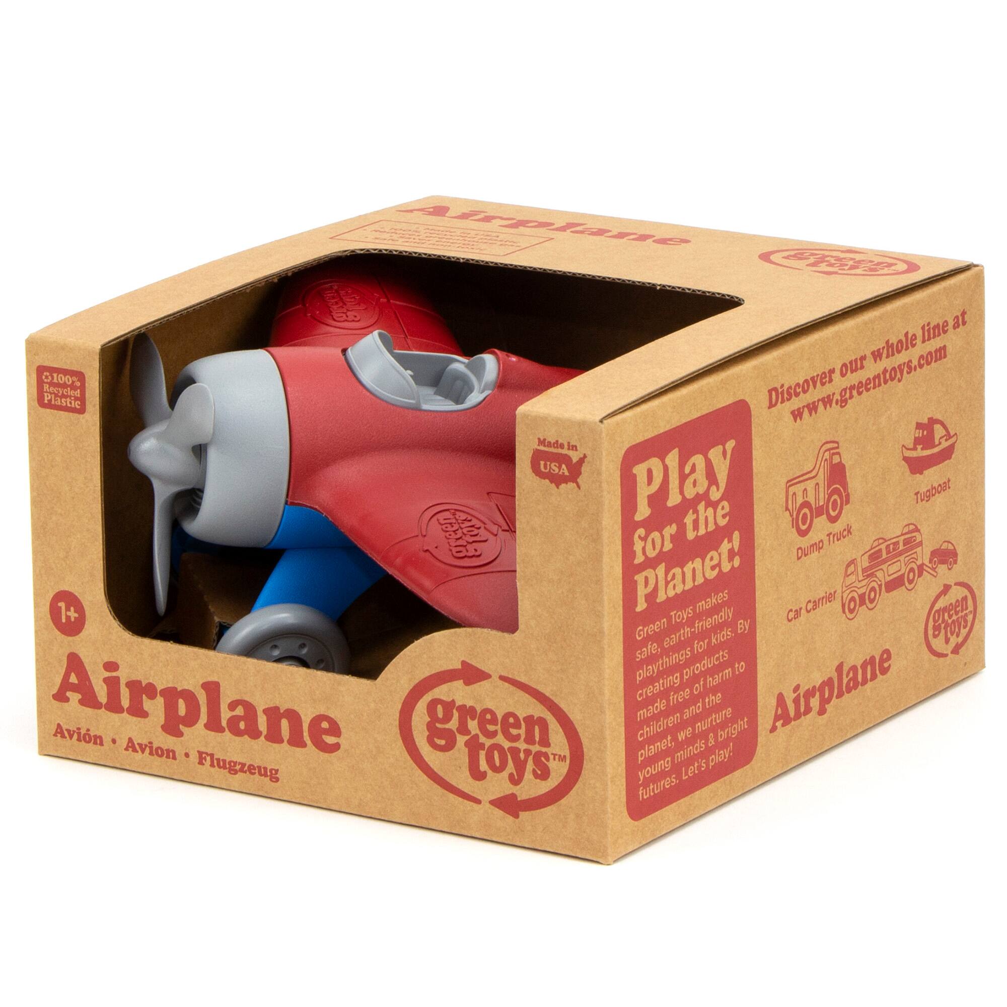 The text on the image reads: "Airplane PFE5 green toys whole at 100% www.greentoys.com Plastic Recycled P Discover Made in USA Play for the Planet! Toys makes Car Carrier and Tugboat preen for Truck Dump 1+ Planet! Toys are earth-friendly kids' playthings products harm to creating of Airplane free the Airplane Avion Flugzeug green toys planet, made for children minds Let's nurture play! & bright young futures."