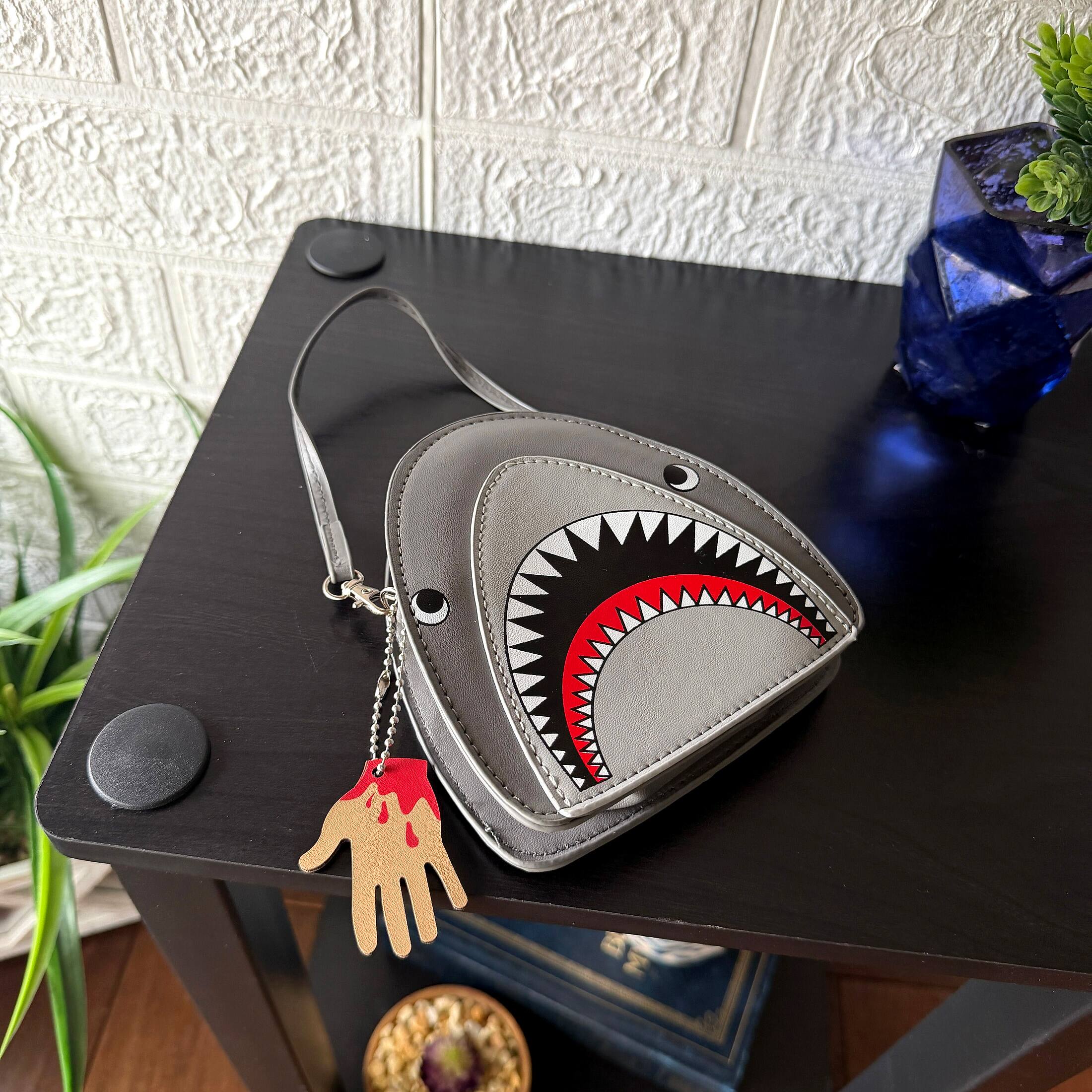 Alt View 3. Things2Die4 - Shark Wristlet Handbag Halloween Grey Vinyl Coin Purse with Hand Charm Zipper - Grey.
