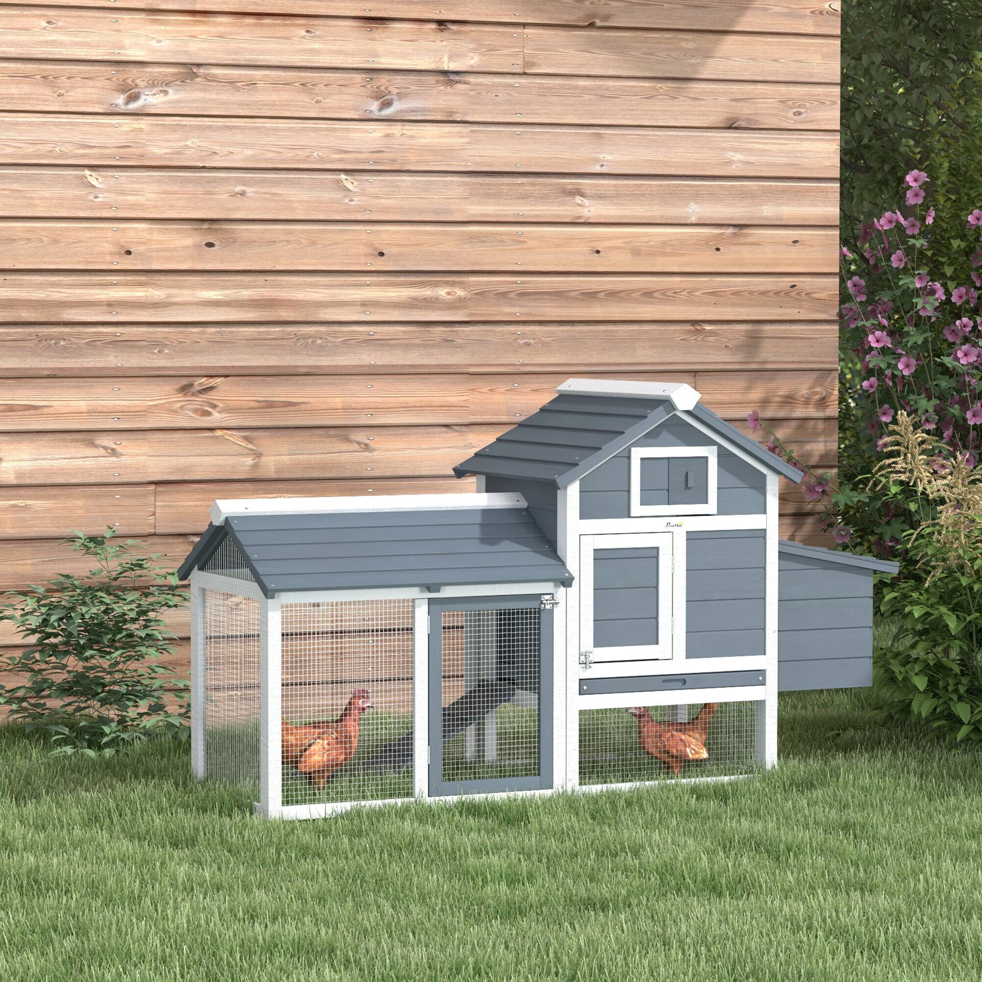 Angle. Pawhut - 59" Small Wooden Chicken Coop Hen House Poultry Cage for Outdoor Backyard with 2 Doors, Nesting Box, Removable Tray.
