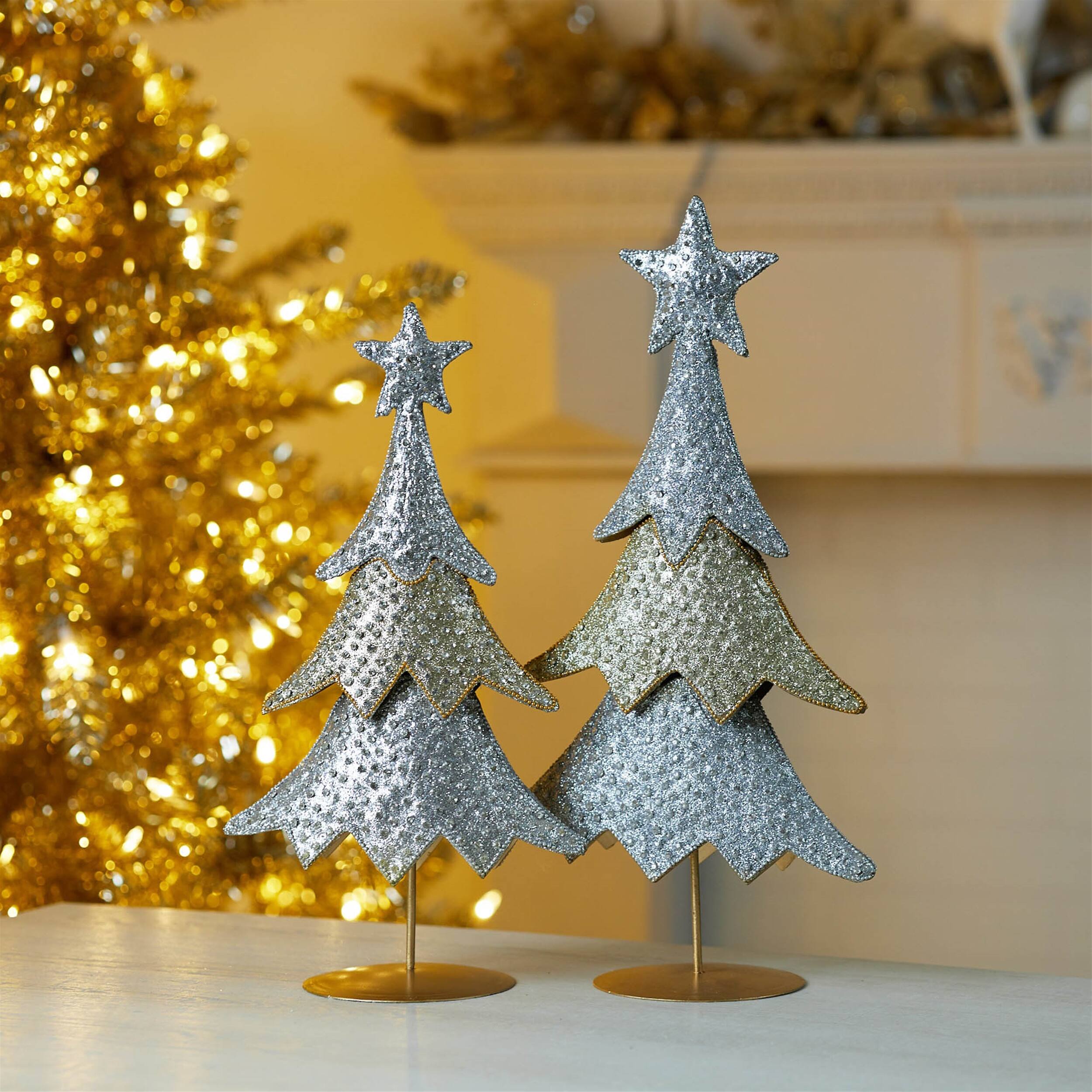 Angle. BreeBe - Jeweled Metal Christmas Tree (Set of 2) - Silver, Gold.