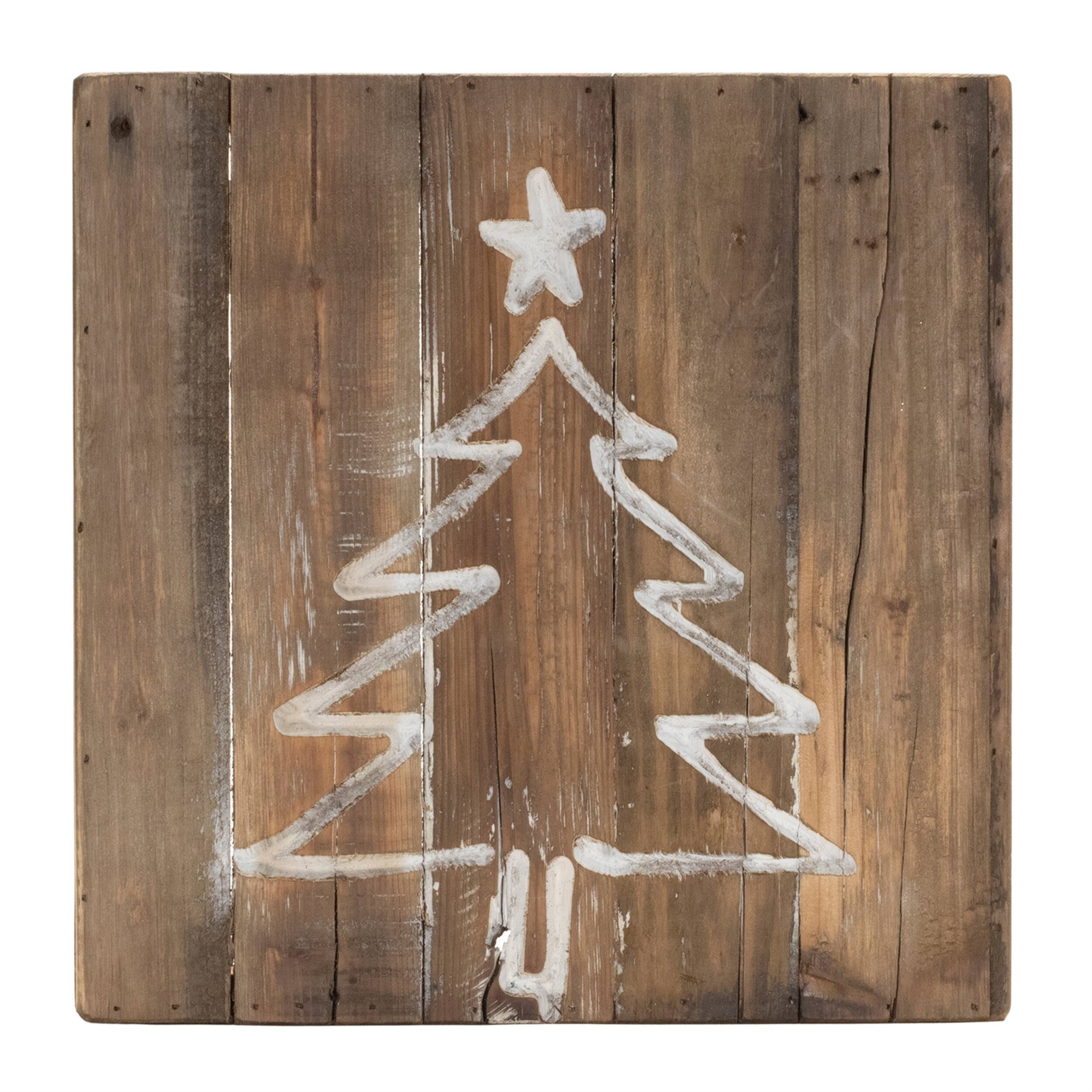 Left. BreeBe - Distressed Wood Snowflake and Tree Block (Set of 2) - Brown, White.