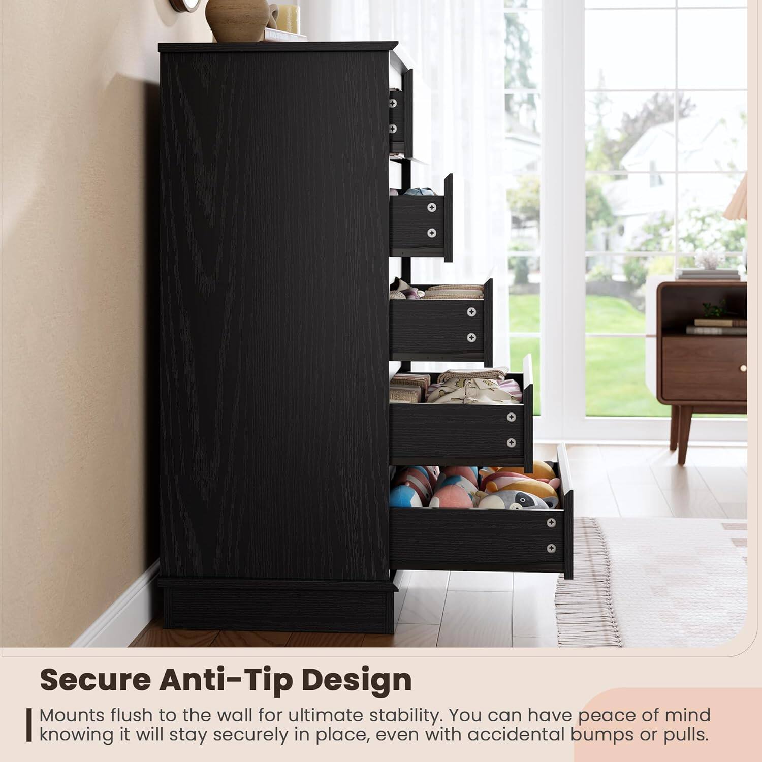 black and white dress drop waist Trey Urban Modern 5 Drawer Tall Dresser-Black Wood and Leather Pulls –  Domaci main image 0