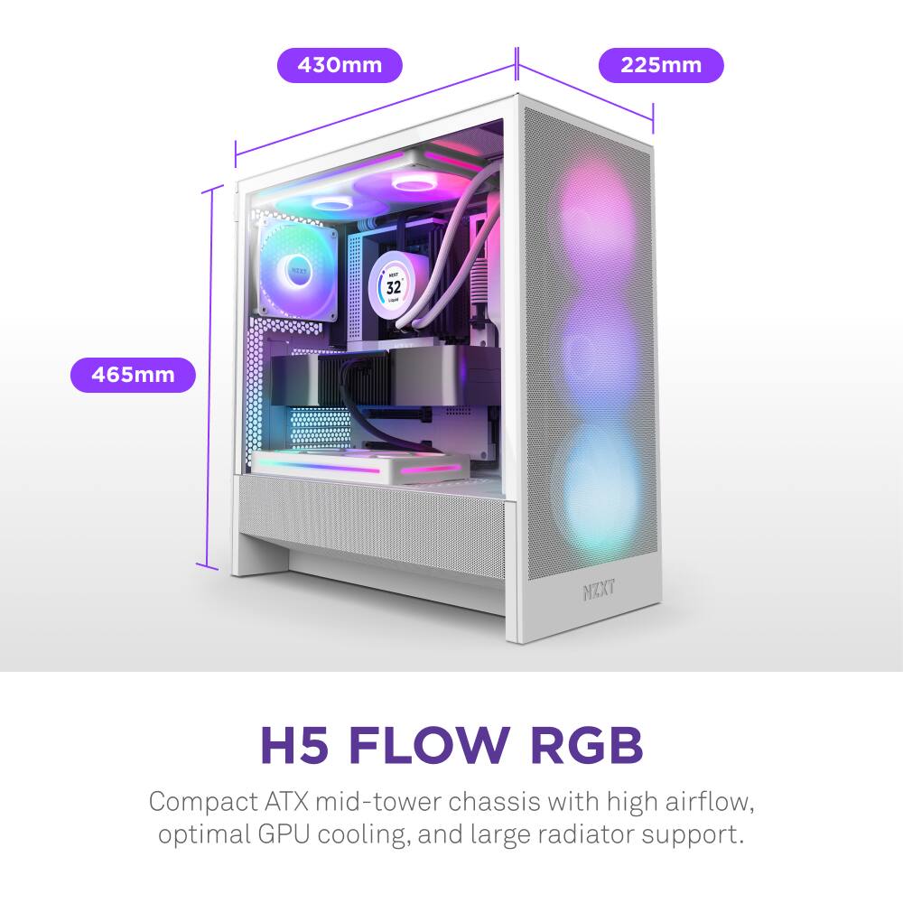 The text on the image reads: "430mm 225mm NET - 32 - 465mm MZXT H5 FLOW RGB Compact ATX mid-tower chassis with high airflow, optimal GPU cooling, and large radiator support."