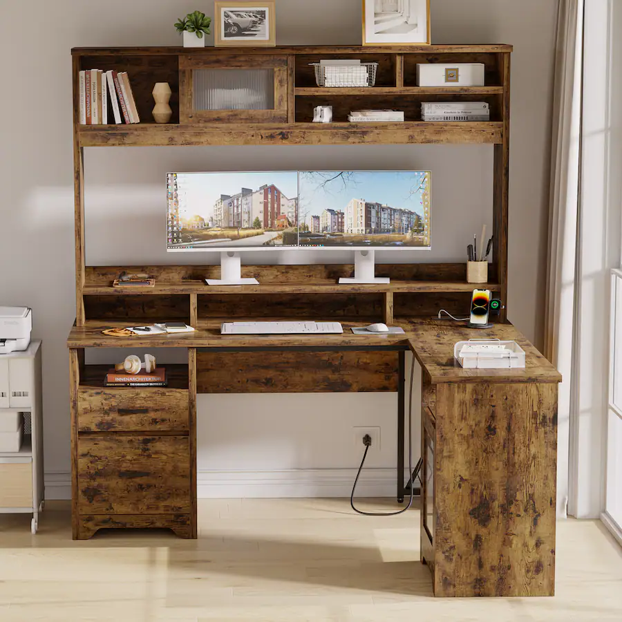 Bestier 63 inch Hutch L Shaped Desk with Monitor Stand & Drawers, LED ...