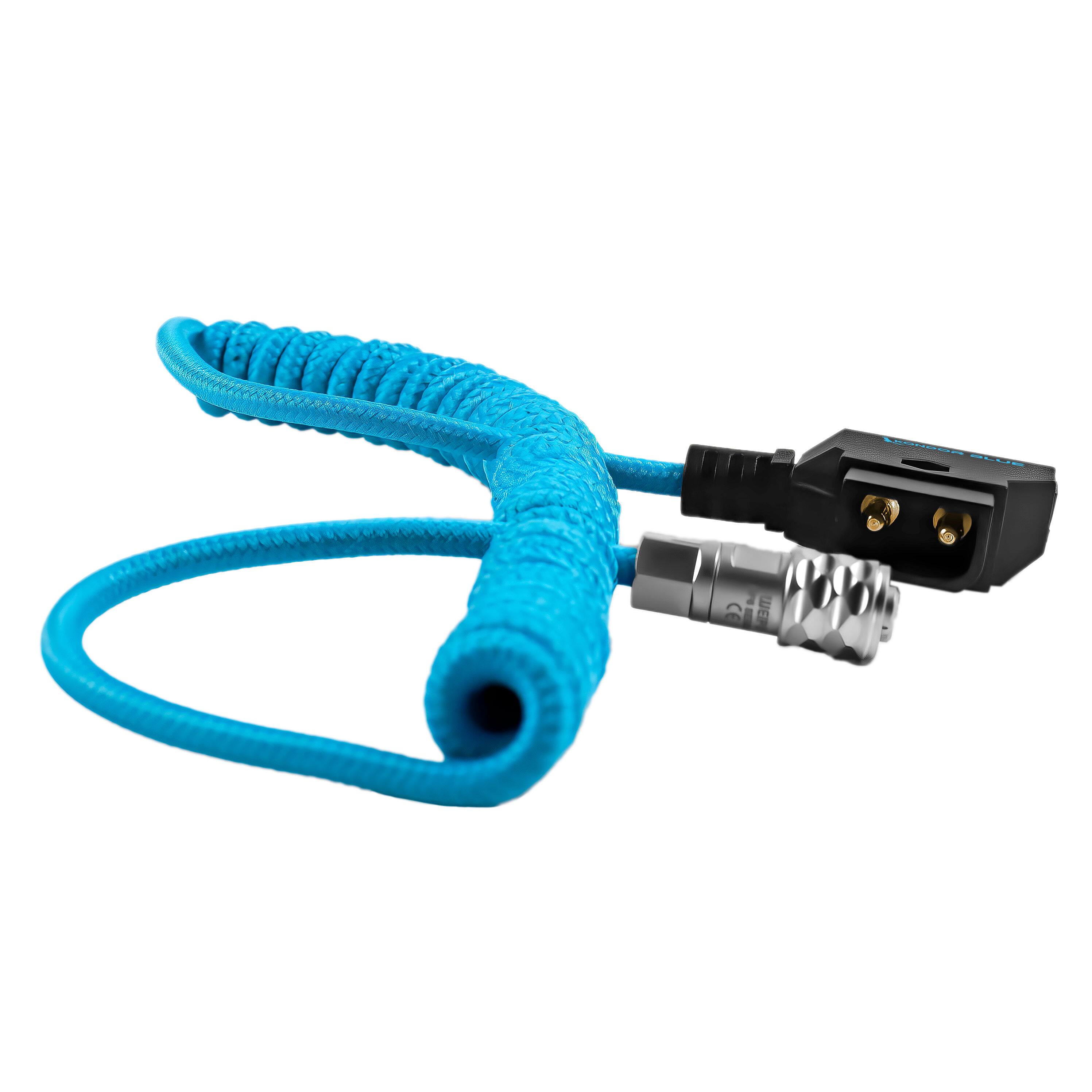 Front. Kondor Blue - 18"-30" D-Tap/P-Tap to 2-Pin Weipu Style Coiled Braided Power Supply Cable | Compatible with DC plug battery options - Blue.