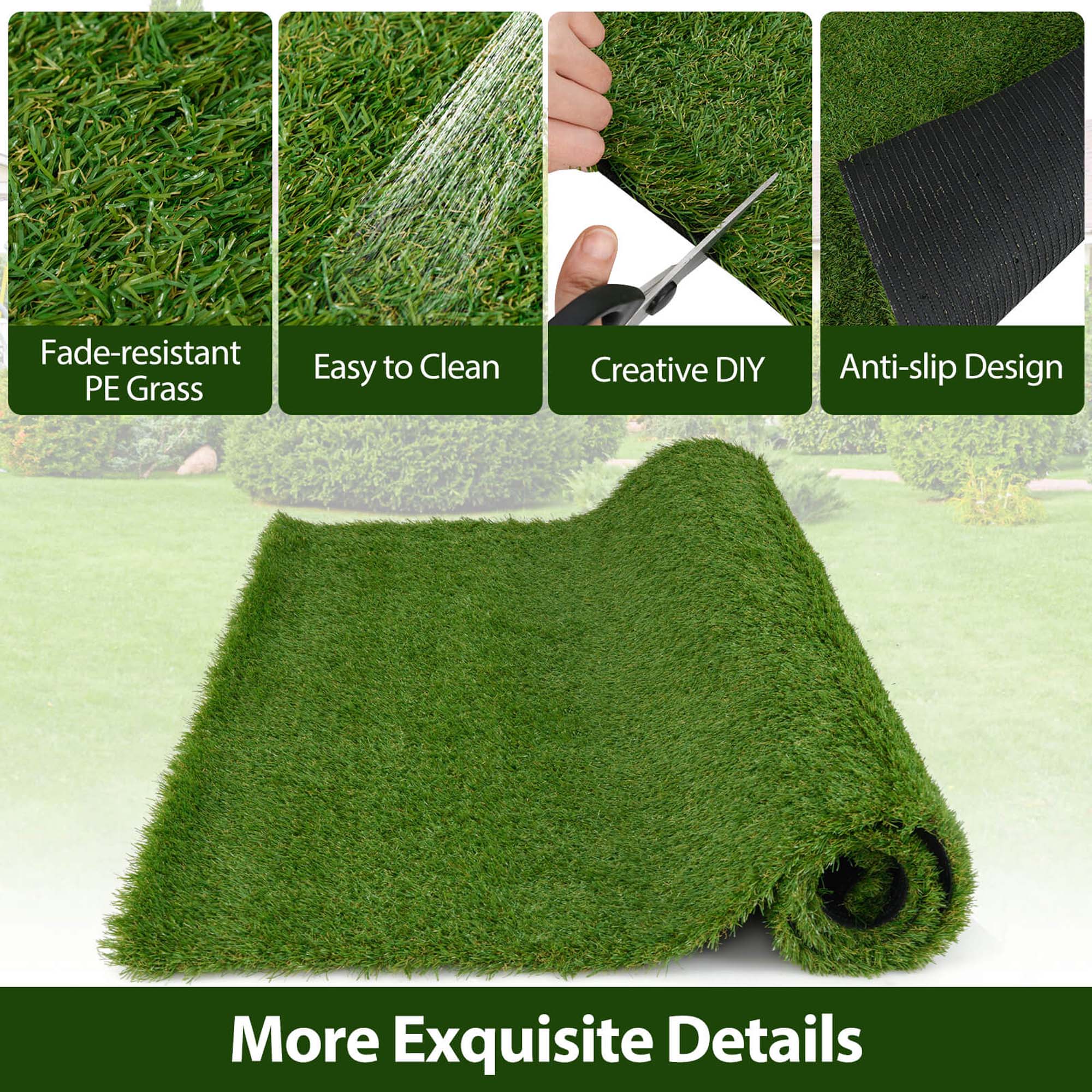 Fade-resistant PE Grass  
Easy to Clean  
Creative DIY  
Anti-slip Design  
More Exquisite Details